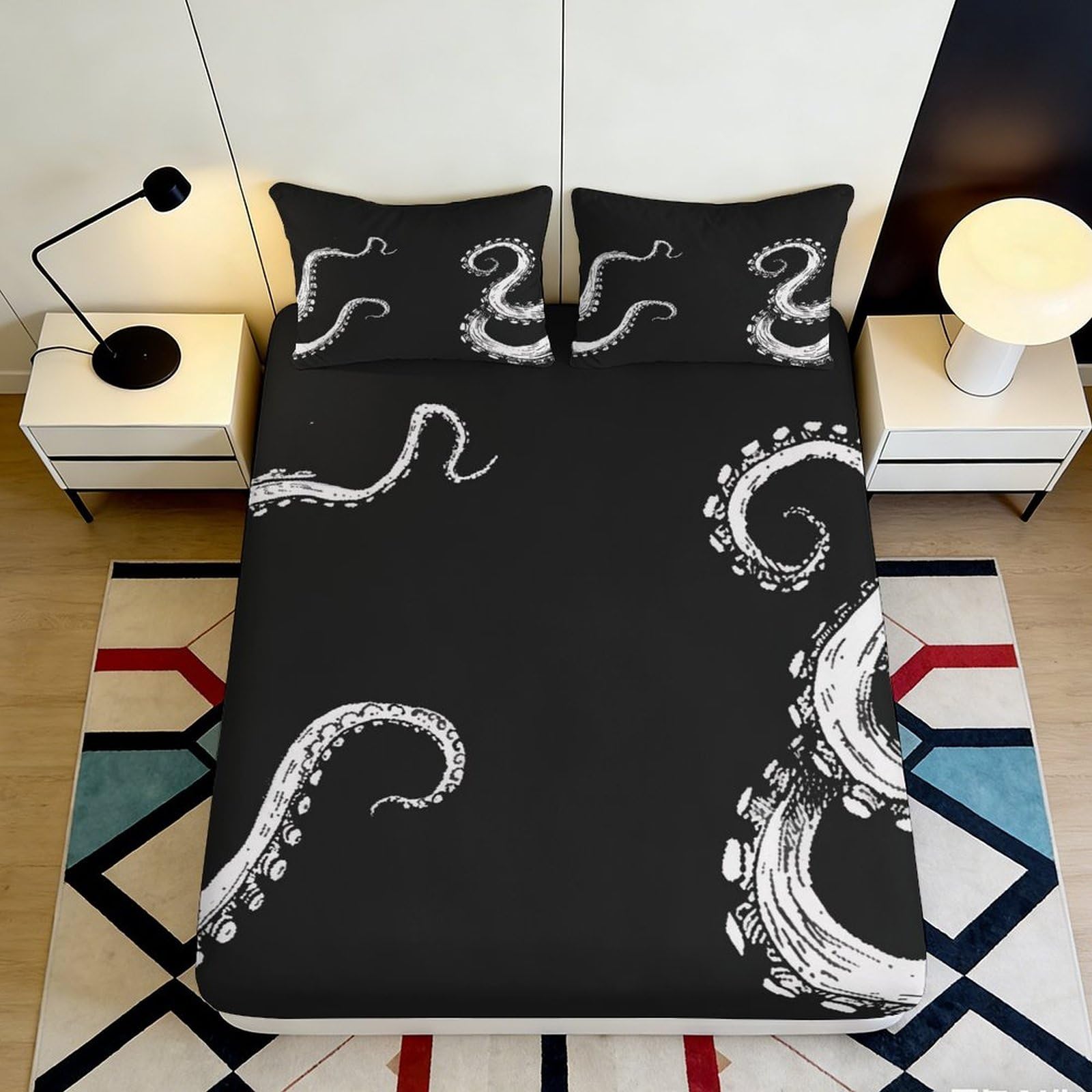 3D Printed Octopus Tentacle Fitted Sheet Microfiber Black Sea Creature Mattress Cover for Bedroom Dorm Home Decor 115 140x200x25cm