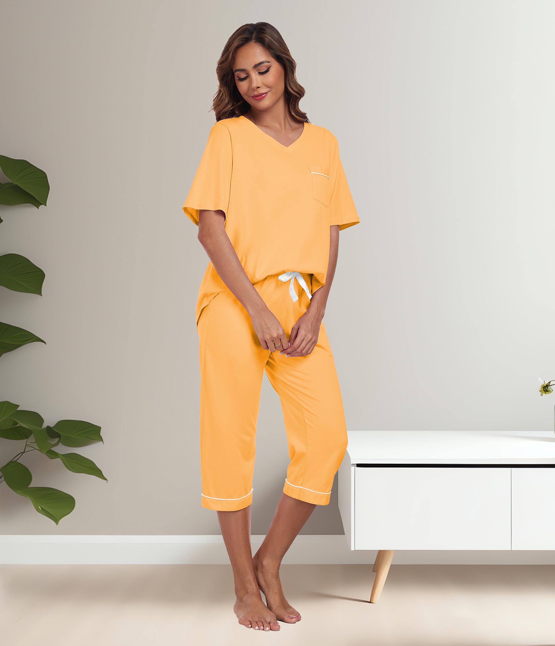 COLORFULLEAF Pigiama da donna Capri 100% cotone, set di due pezzi, scollo a V, biancheria da notte a maniche corte e pantaloni a 3/4