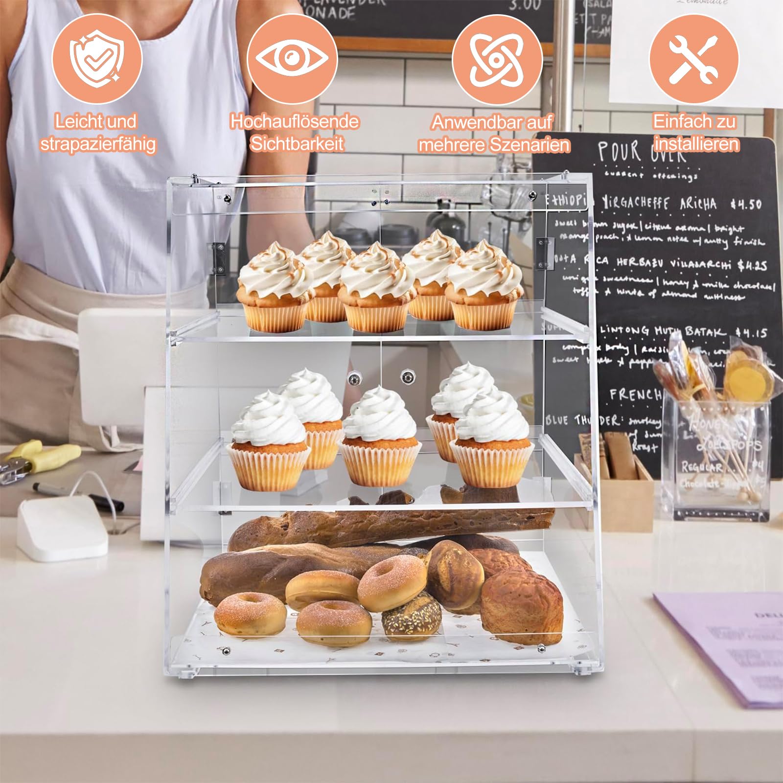 3 animali chiaro vetrina panetteria, commerciale Countertop pasticceria espositore caso, acrilico torta scaffale armadio con 3 vassoi e torta servire pinze per pane, biscotti, ciambella, cupcake