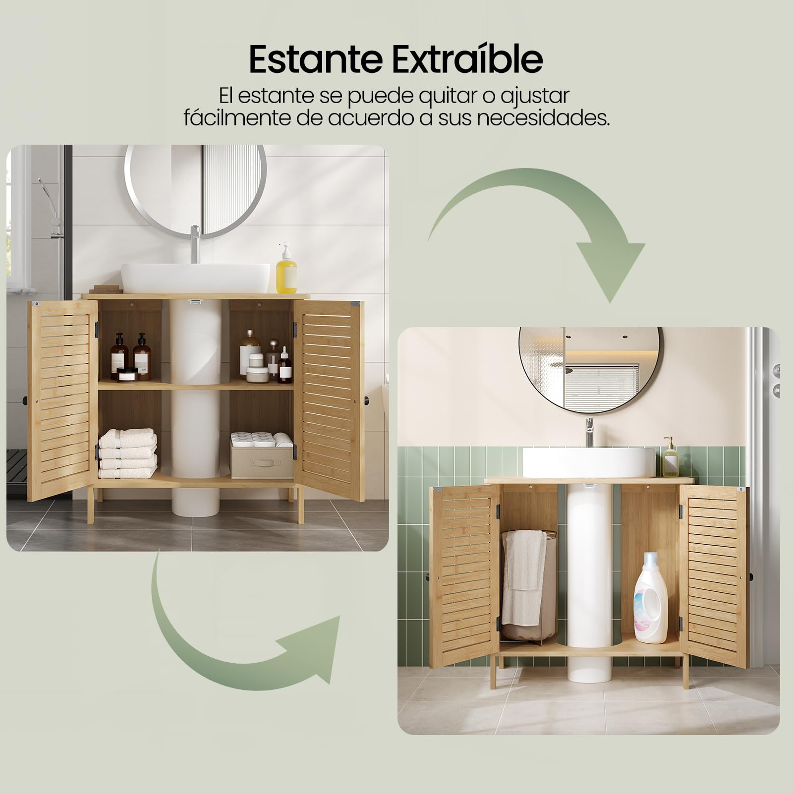 EUGAD Armario Baño Bambú, Mueble Bajo Lavbabo con Recorte Sifón de 20x23 cm, Armario de Pie con Puertas de Rejilla y Estante Ajustable, 60x30x60 cm