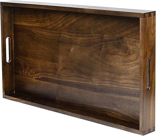 Miniatura 3 de Bandeja rectangular de nogal negro sólido de 28 x 15 pulgadas, bandejas de madera extra grandes para otomana con asas, bandeja FSC natural hecha a