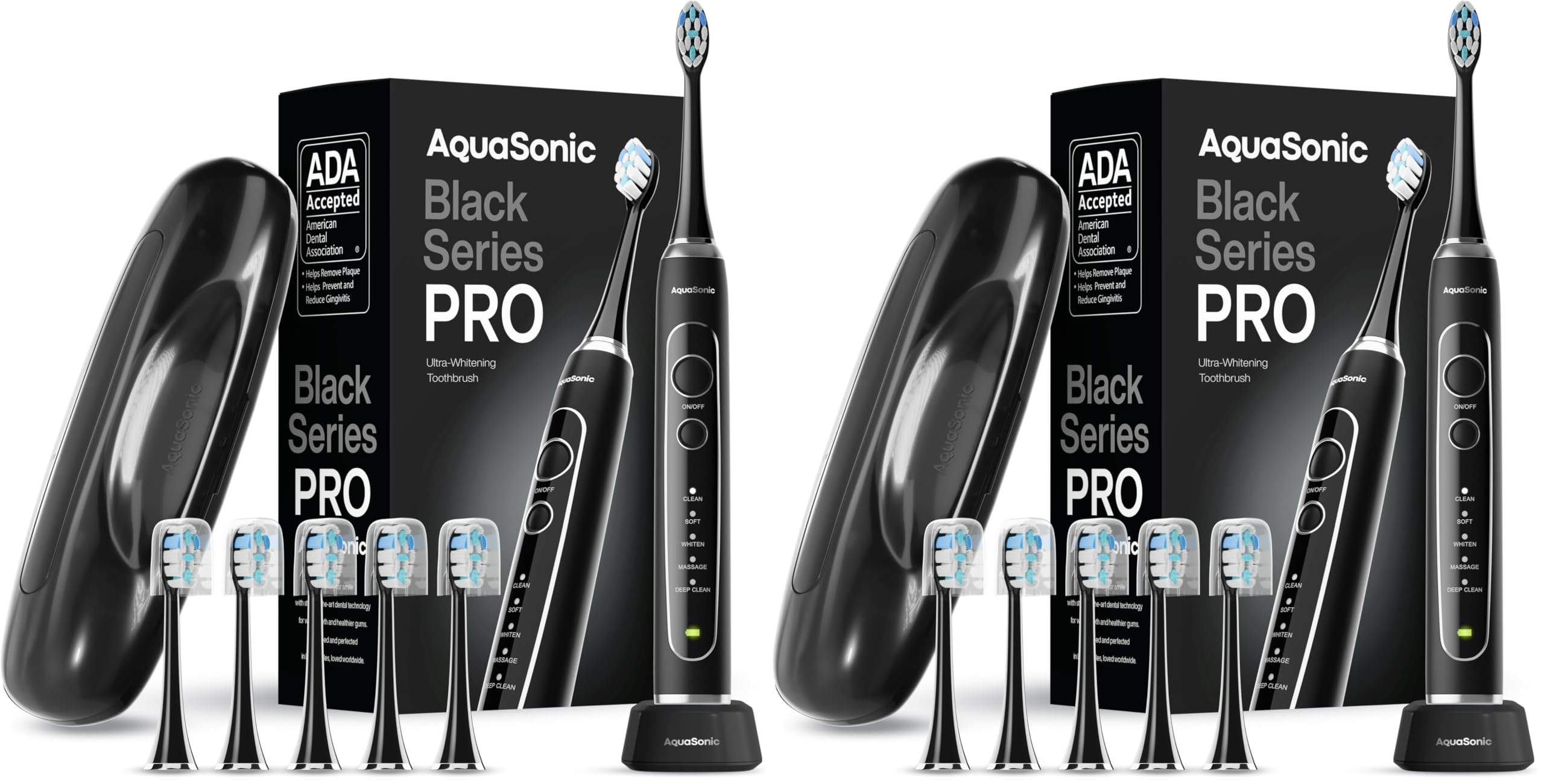 Aquasonic Black Series PRO – Ultra-Whitening Electric Toothbrush – 5 Modes & Smart Timers – Premium Travel Case & 6 Proflex Brush Heads – ADA Accepted Toothbrush (Pack of 2)