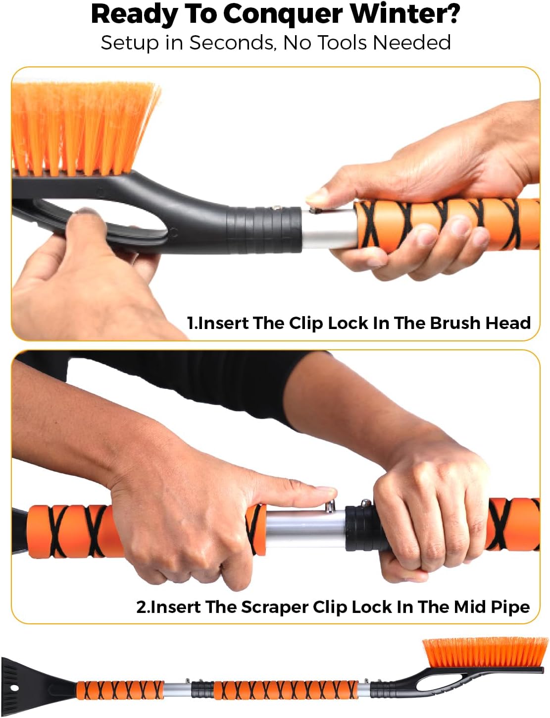 EcoNour 43" Ice Scrapers for Car Windshield Extendable | 3 Parts Detachable Telescopic Snow Brush for Car, Trucks, SUV | Long Snow Scraper with Brush | Car Winter Accessories (2 Pack)