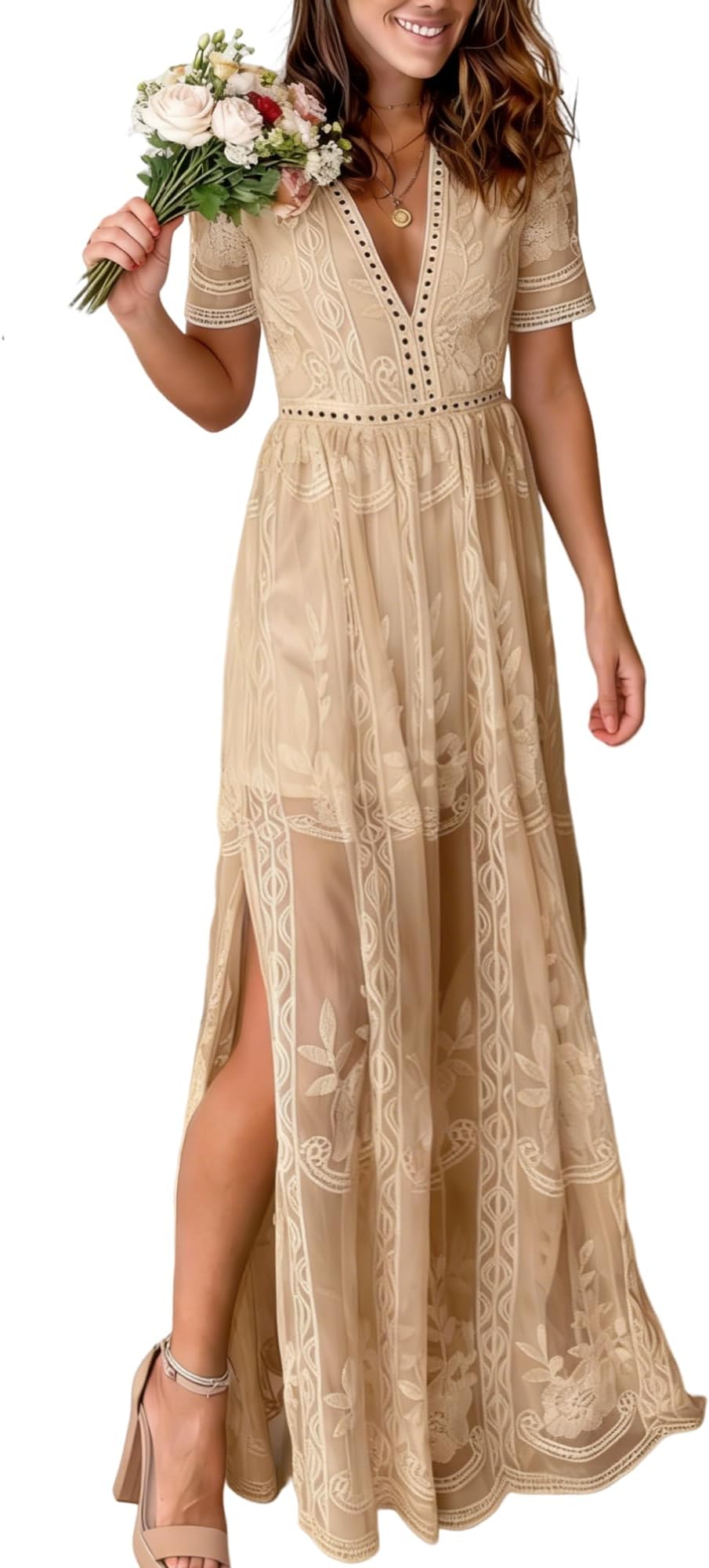 Mermaid's Closet Women's Casual Off Shoulder Lace Maxi Dress Boho White Bridesmaid Wedding Evening Party Dresses