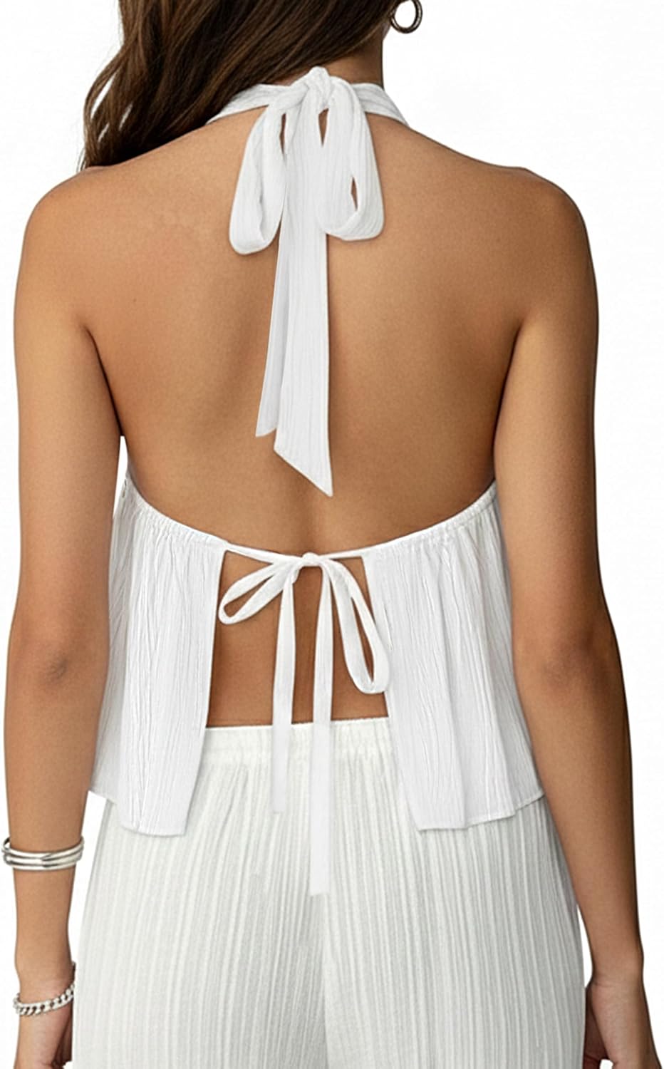 Remidoo Women's Split Front Halter Top V Neck Backless Ruffled Hem Tie Back Crop Cami Tops - Image 2