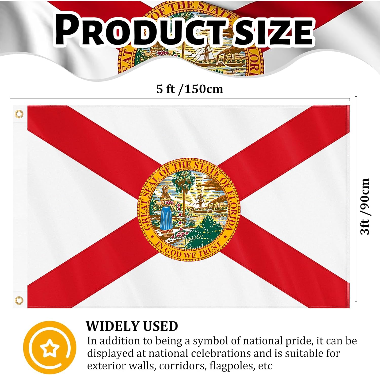 Florida Flag 3x5 FT Outdoor, Heavy Duty 210D 3-Ply Fabric | Embroidered Seal and 4 Rows Stitching Fly Ends with 2 Brass Grommets | State of Florida FL Flag Sunshine State for Wall Indoor - Image 2