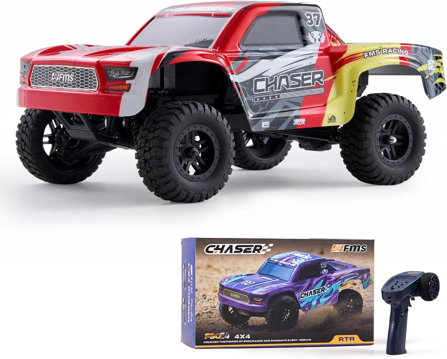 FCXㅤ FMS FSC24 1/24 Chaser RC Crawler, Short-Course Trucks with High Strength Nylon Frame, 2 Speed Switch Up to 26km/h, Hobby RC Car for Adults, Gifts (Red)