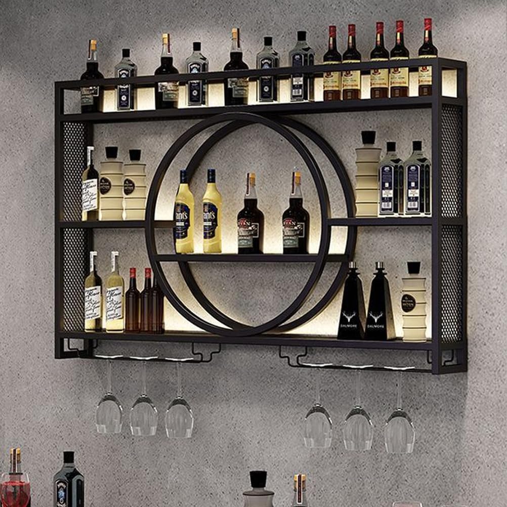 Porte bouteille mural en métal noir 100cm avec étagère flottante et support verres