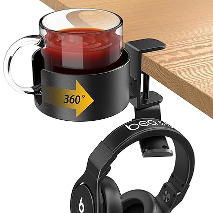 Gaming Desk Cup Holder 3.94 inch, 360 degree Rotatable Aluminum Alloy Large Cup Holder Clamp and Headphone Hanger 2 in 1 Anti-Spill Cup Stand Hook for Coffee Mugs, Water Bottles (Black)