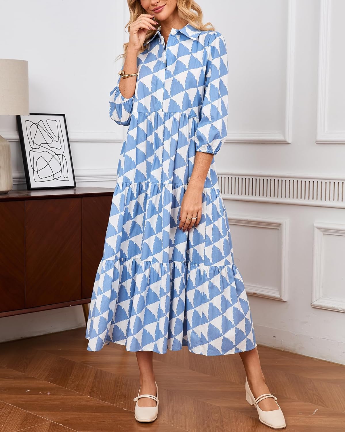 Women's Button Down Maxi Shirt Dress Collared 3/4 Sleeve Plaid Long Dress Casual Flowy V Neck Tiered Cotton Maxi Dress - Image 5
