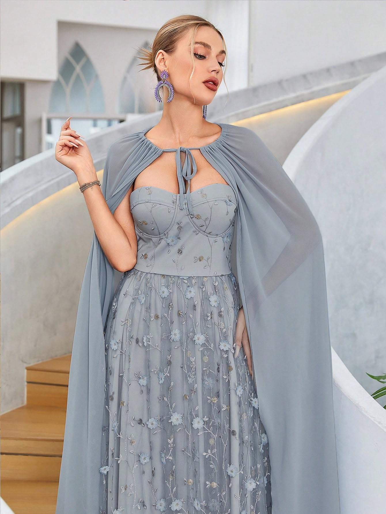grey dress with cape Buy Grey Corset Drape Gown Paired With Embroidered Cape