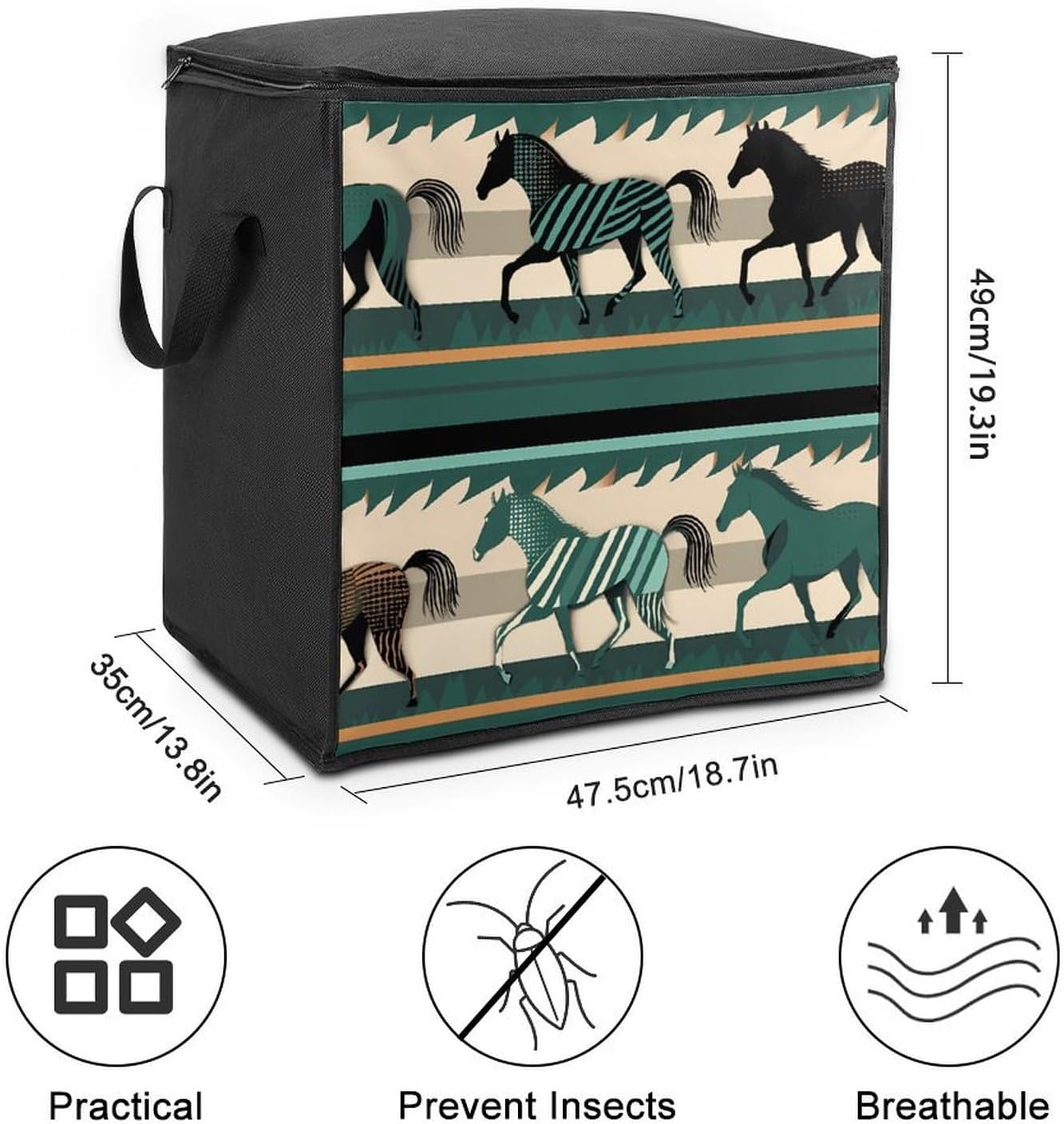 Horse Stripes Pattern Storage Bag with Zippers And Handle Extra Large Bedding Comforter Storage Bag Foldable Blanket Storage Bags Fabric Moving Bags for Closet Organizer (70L)