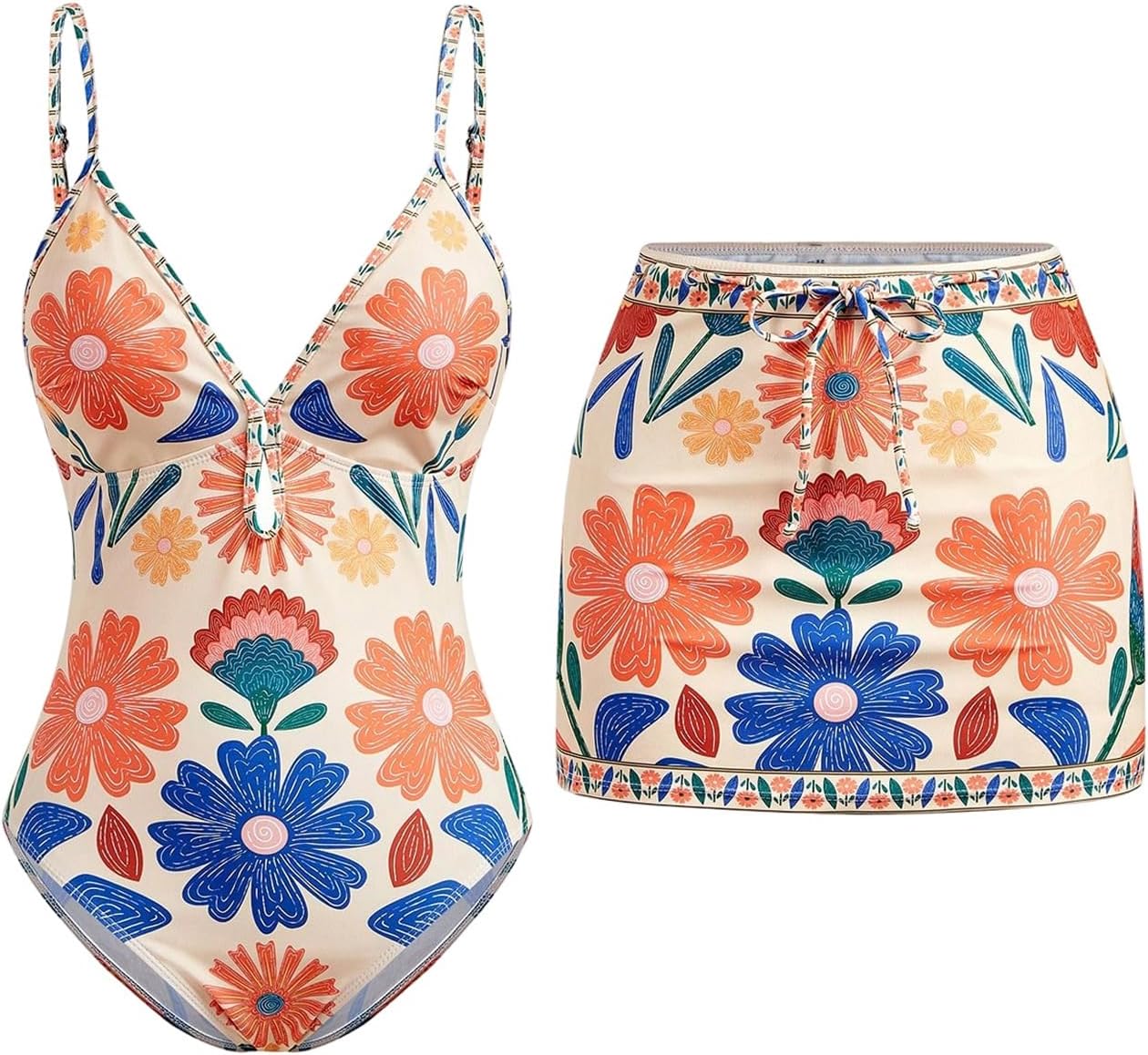 SHENHE Women's Boho One Piece Swimsuit with Cover Up Skirt Tummy Control Floral Beach Bathing Suit