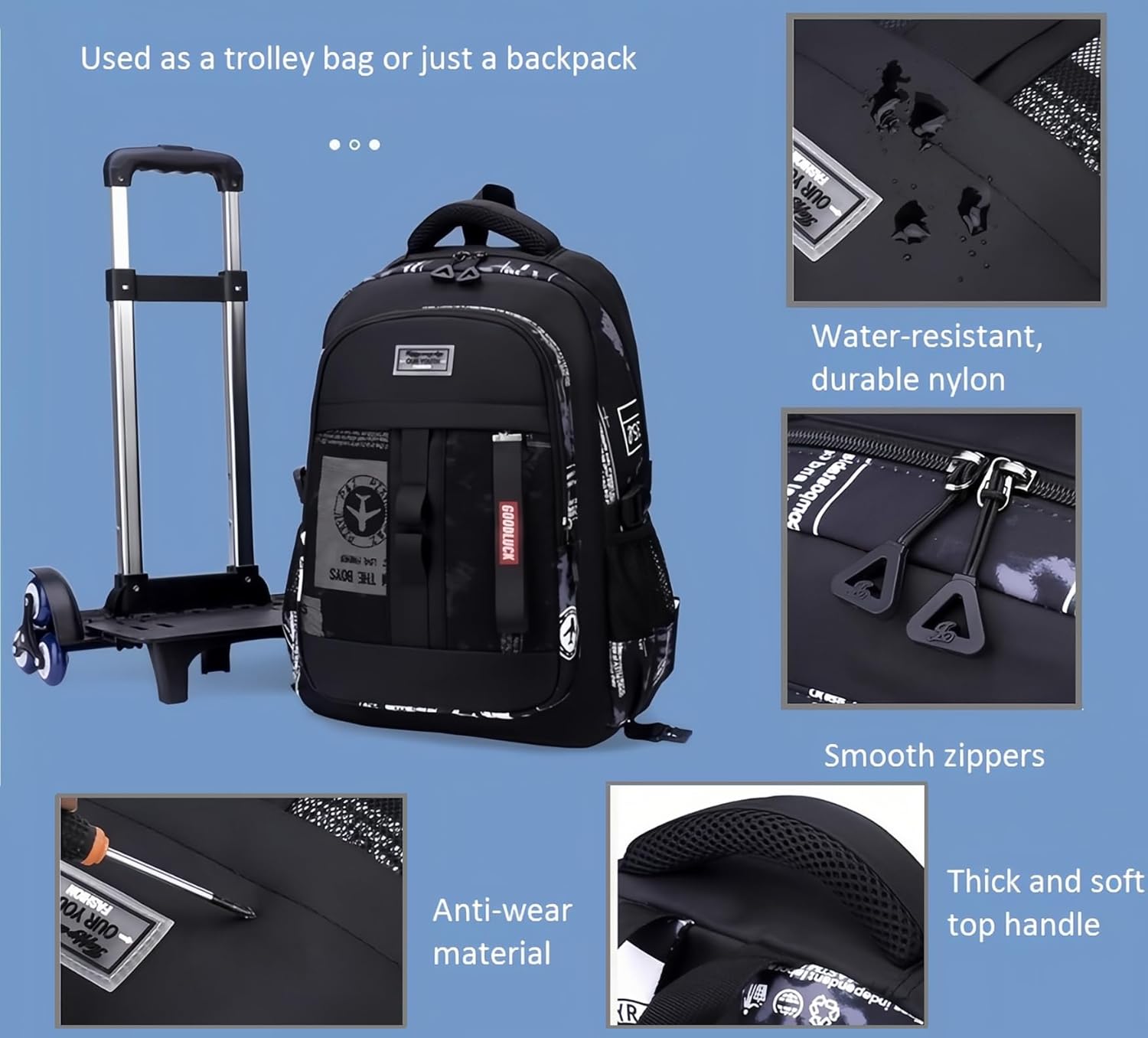 Camo Rolling Backpack for Boys Girls Backpack with Wheels Wheeled Bookbag Kids Roller School Bag Black