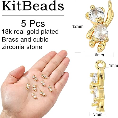 Miniatura 2 de KitBeads 5 dijes de oso de circonita cúbica chapados en oro de 18 quilates, lindos dijes de animales colgantes para hacer pulseras de joyería