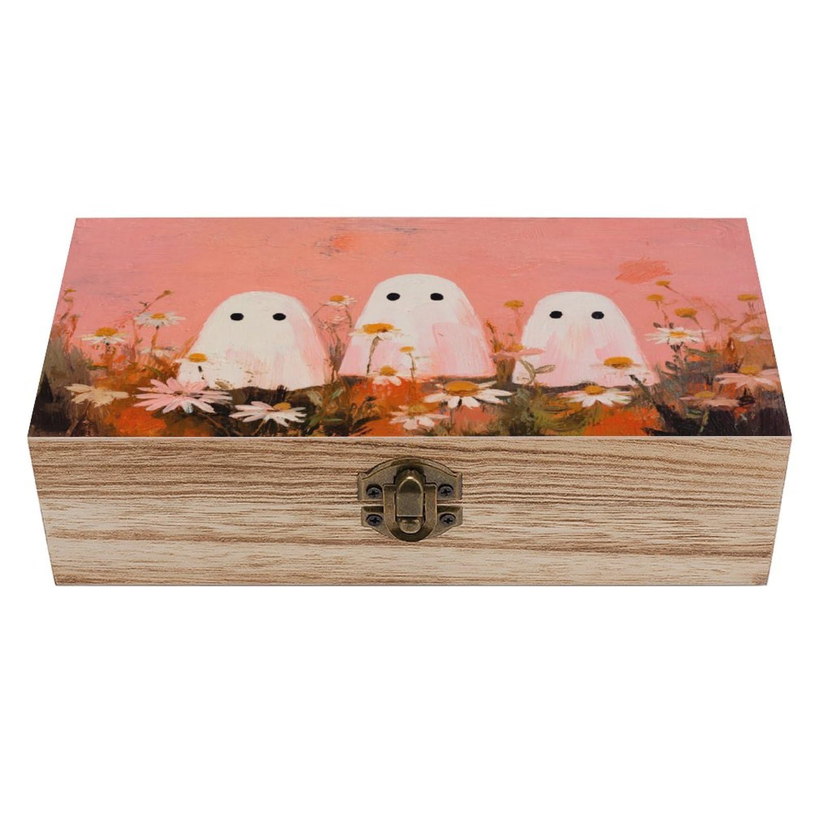 Ahdyr As Pic Three White Ghosts In The Field With Daisies Wooden Storage Box With Hinged Lid And Front Clasp Large Keepsake Box