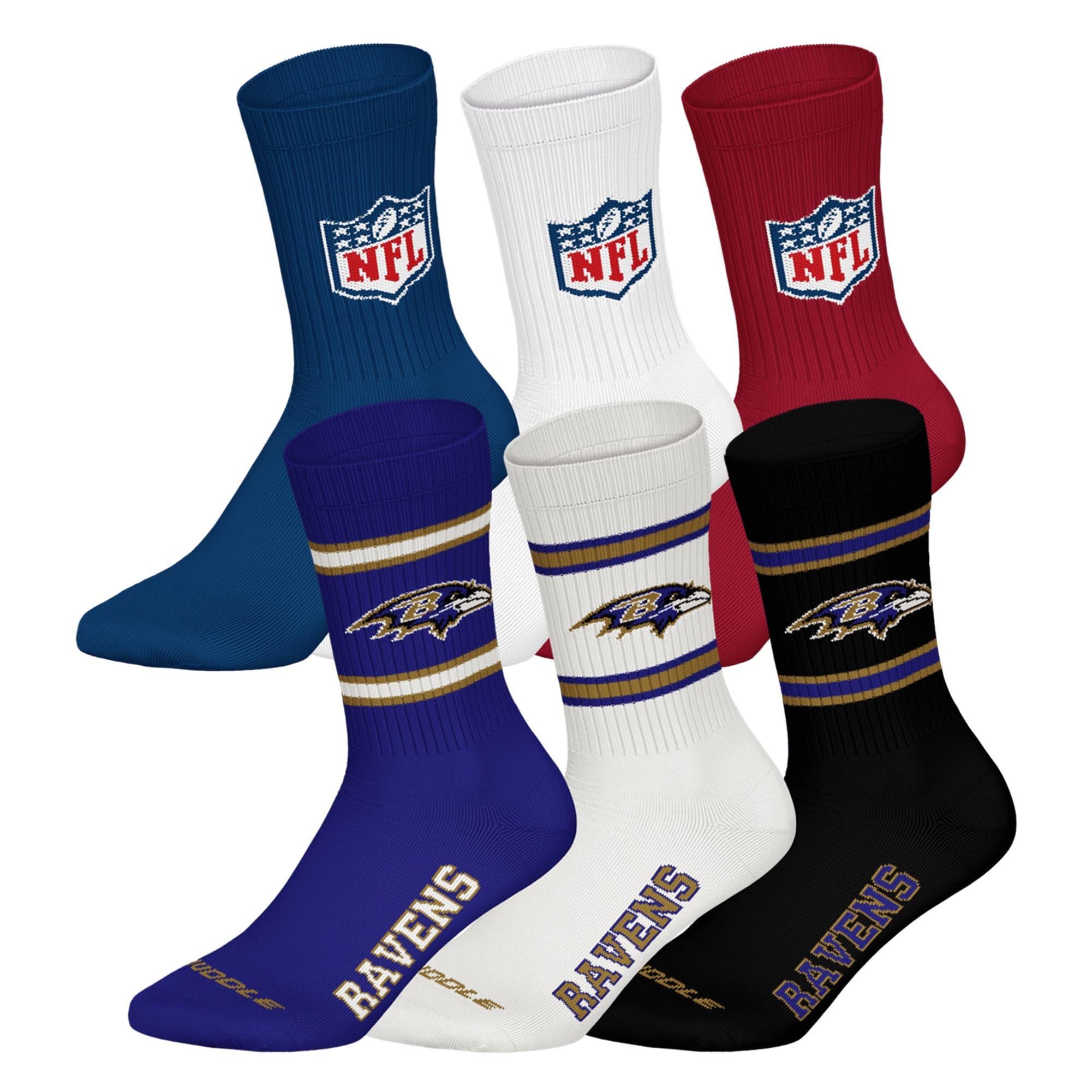 NFL Unisex Team Crew Socks, Baltimore Ravens, Mix, 43-46, Pack of 6