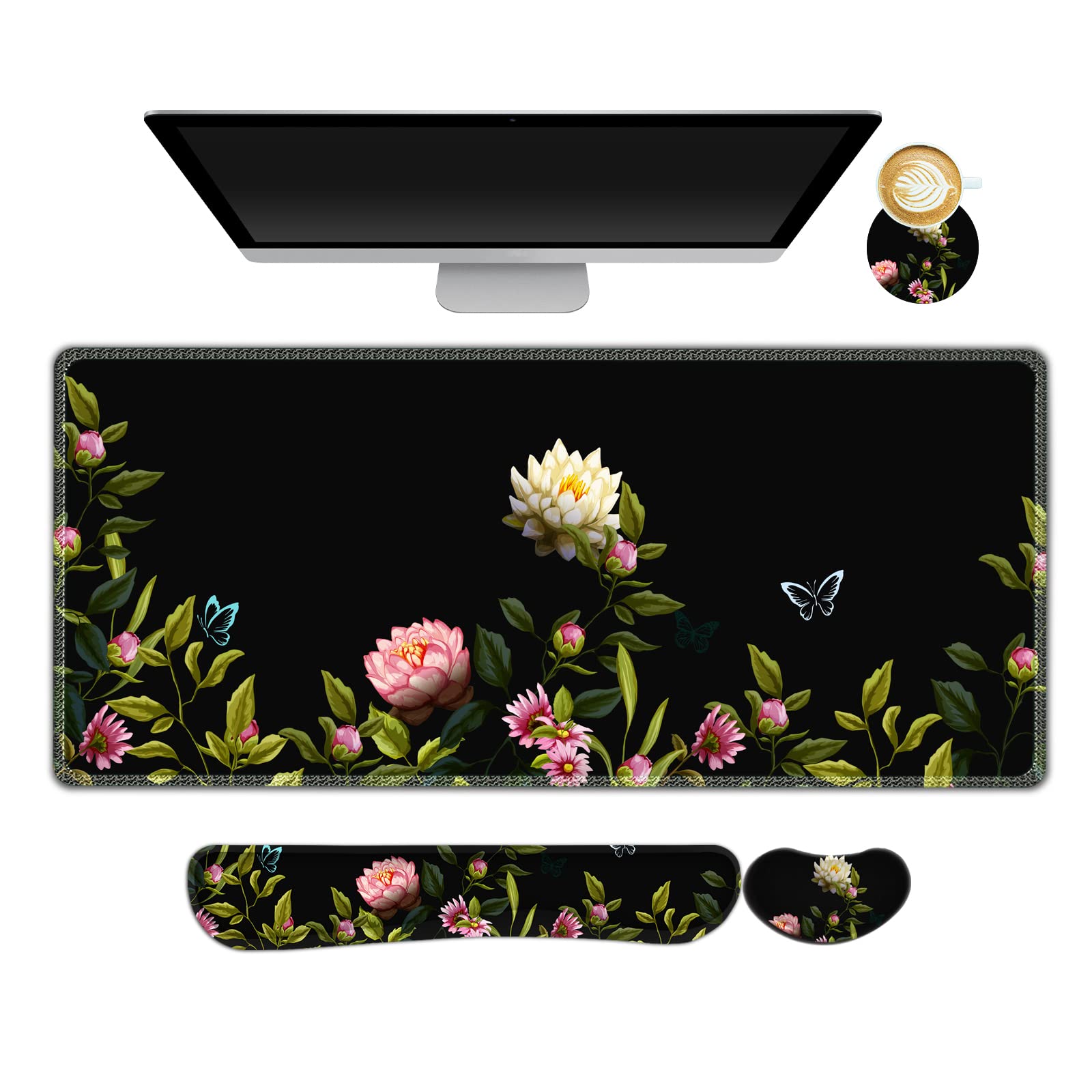 ARTSO Gaming Mouse Pad Wrist Support Set, XXL Large Desk Mat Mousepad + Keyboard Wrist Support+ Mouse Wrist Rest+Coaster 4in1 Ergonomic, Stitched Edge