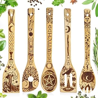 Kitchen Witch Utensils Set Laser Engraved 5 Elements Bamboo Large Cooking Utensils Set Cottagecore Kitchen Witch Gift Romantic Mothers Day Gifts