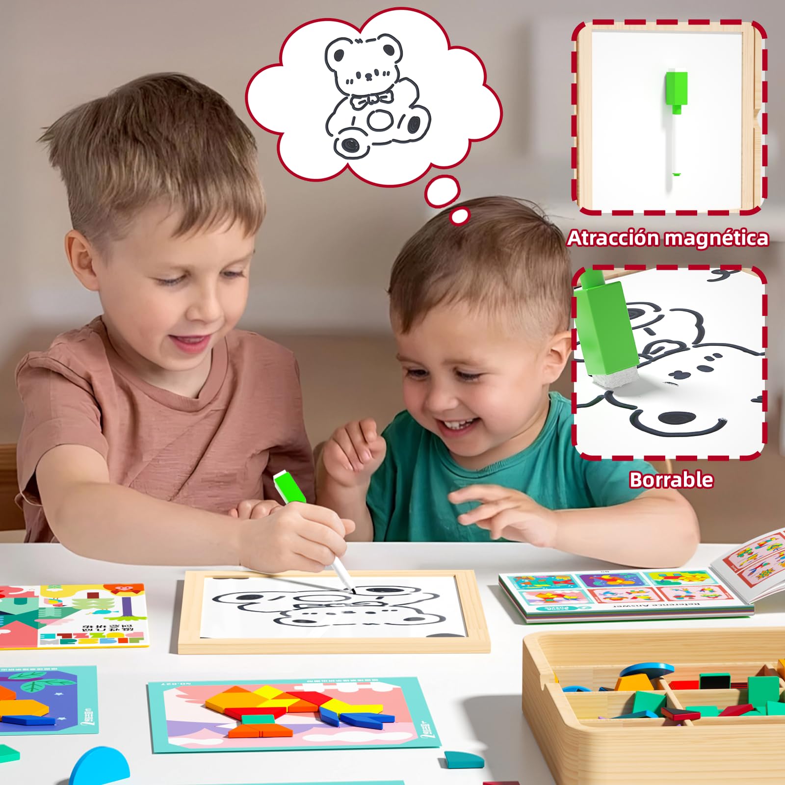 Juego de Tangram magnético de Madera Montessori con 248 Piezas, Juegos educativos Stem para niños de 4 a 8 años, Rompecabezas creativos con Tarjetas y Marcador