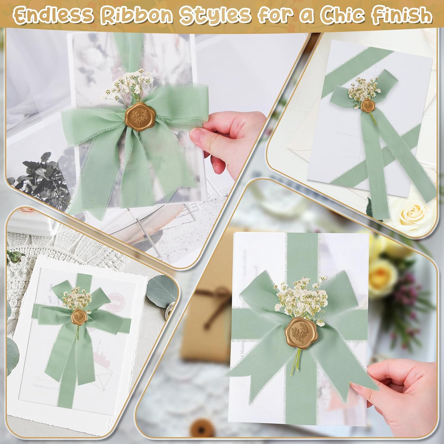 Hysagtek 50 Set Wedding Invitation Wrap Kit - Pre-Folded Vellum Jackets Bulk for 5 x 7 Invitations, Chiffon Ribbon Gold Wax Seal Stickers Dried Gypsophila for Bridal Invite Baby Shower DIY Craft