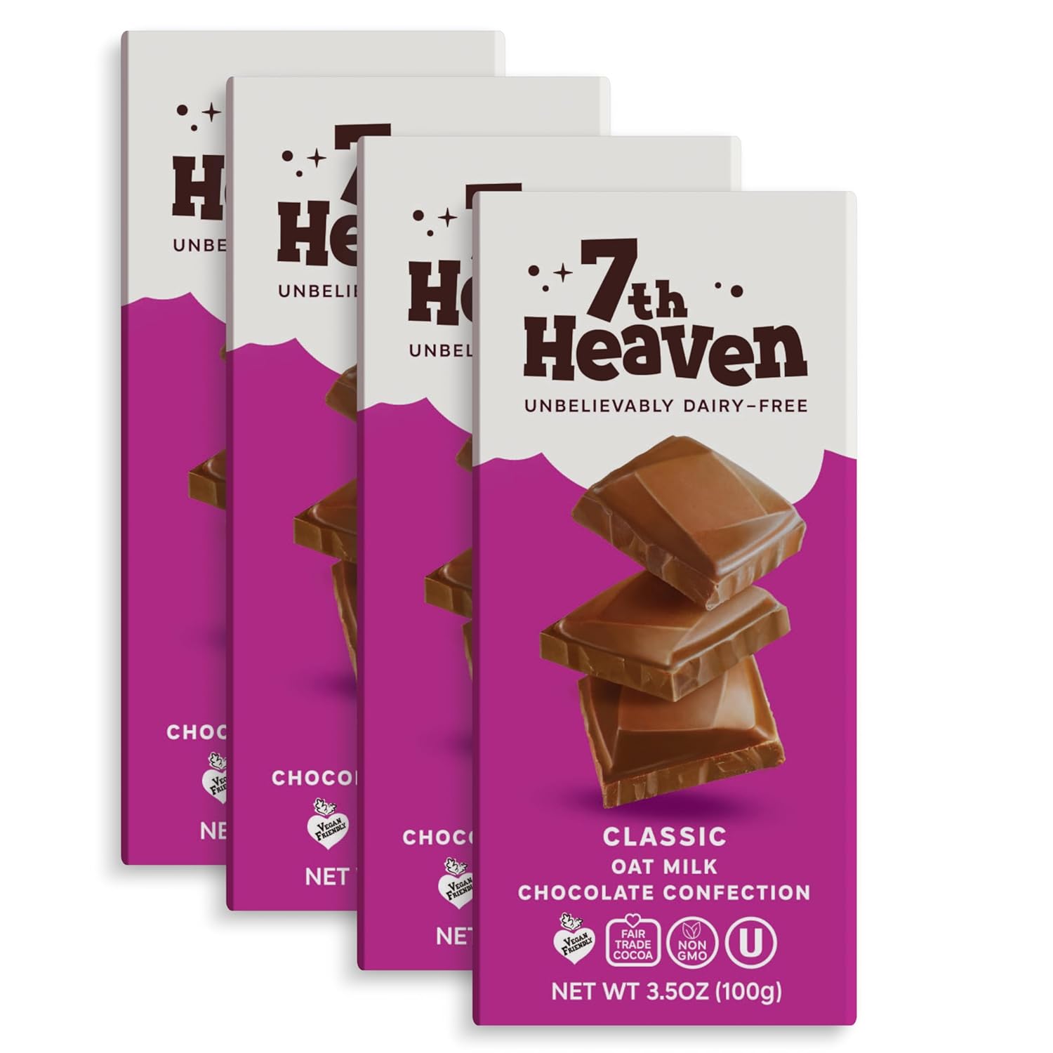 7th Heaven, Vegan Oat Milk Chocolate Bars (3.5oz Full Size Candy Bars - 4 Packs) - Non GMO, Kosher Parve, Cruelty Free, Fair Trade Cocoa, 100% Dairy Free Chocolate Bars, Perfect for Holiday Stocking Stuffer