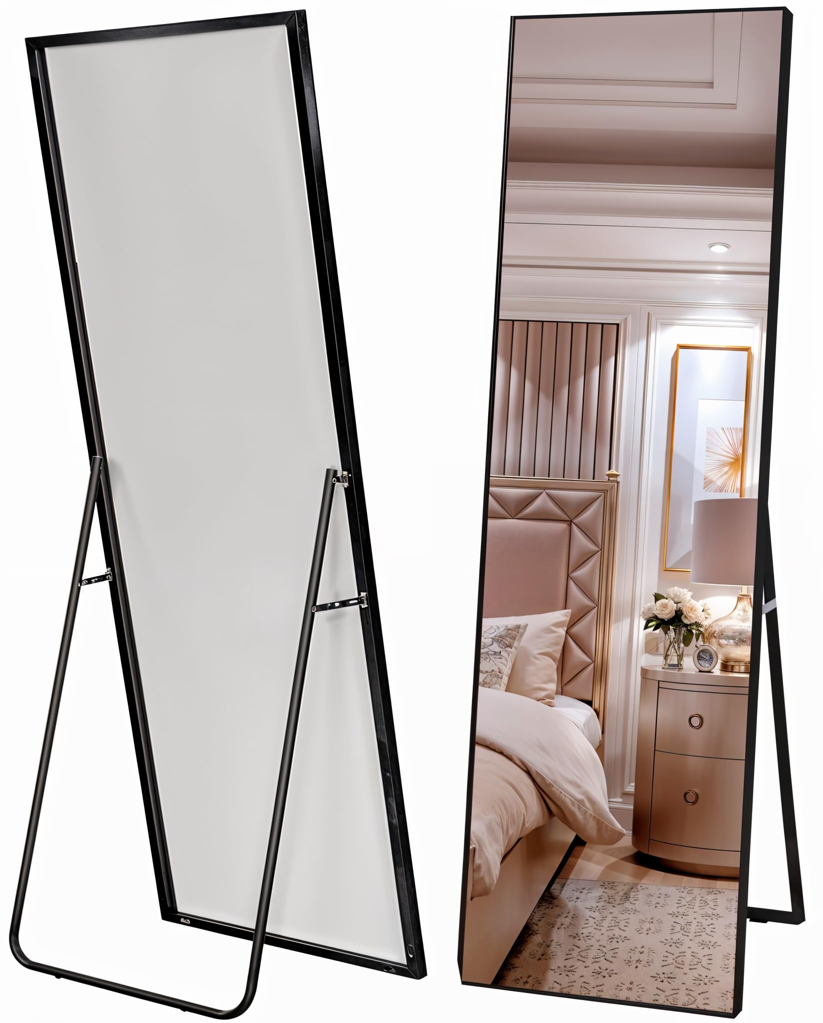 Marctani Espejo de Pie Cuerpo Entero - Espejo Grande y Largo Esquinas Cuadradas - con Soporte Trasero - Montaje Pared y Apoyado - Marco de Metal para Dormitorio, Baño o Salon (Negro 140x40)