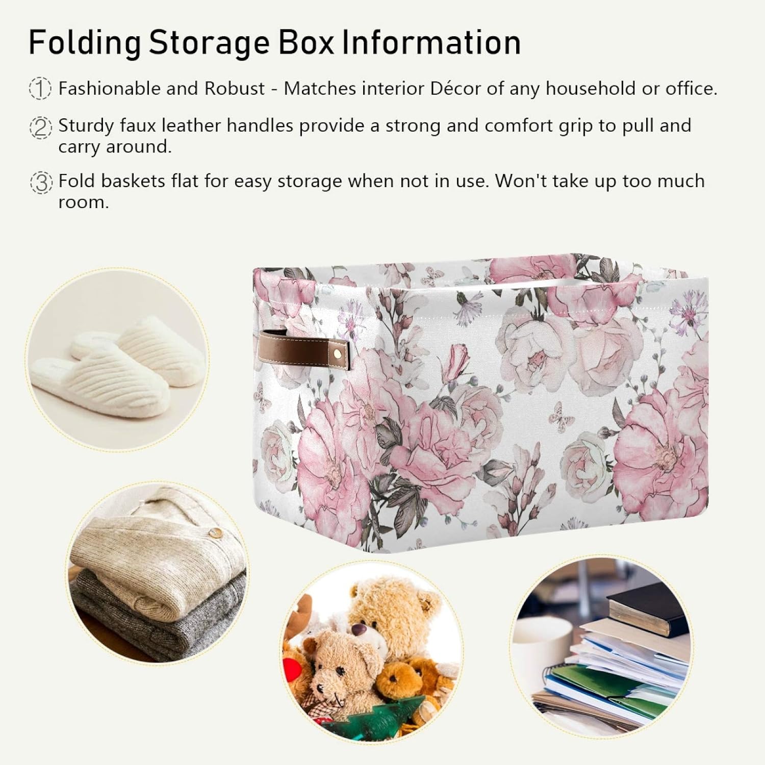 susiyo 2 Pack Large Storage Baskets for Organizing, Floral Rose Fabric Storage Bins Closet Organizers, Collapsible Decorative Baskets with PU Handles for Shelves Home Closet Bedroom Living Room