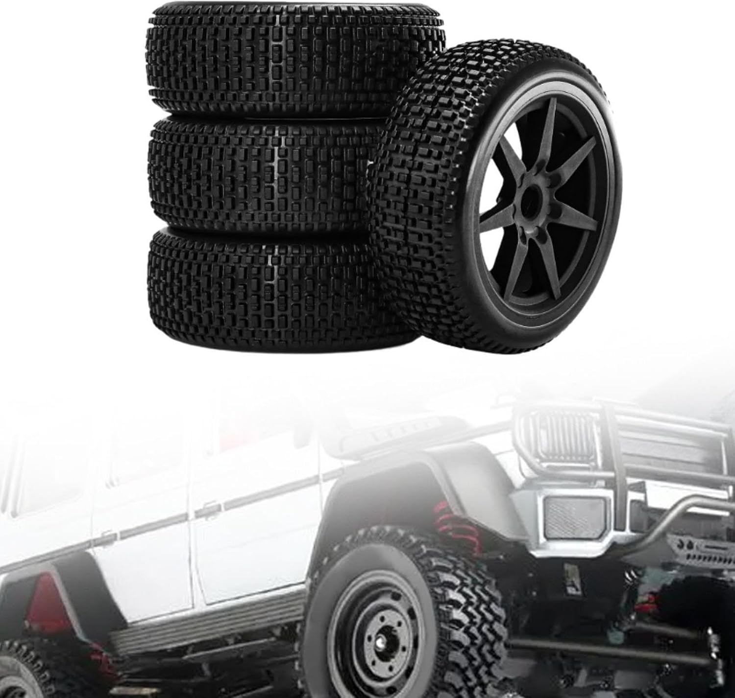 1/8スケールクローラーモデル車の4つのRCカーホイールとタイヤのセット, 黒