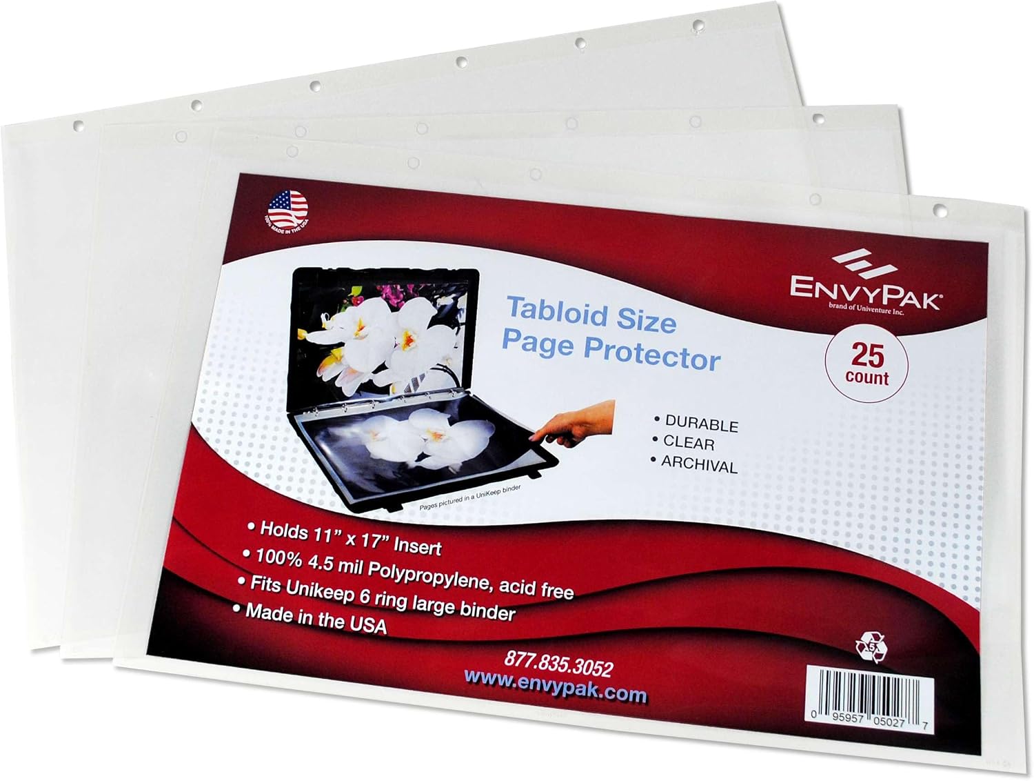 EnvyPak Tabloid Page Protectors, 6 Hole Punched (Large Format), Clear - Side Loading - Holds 11 x 17 Inch Pages - Pack of 25