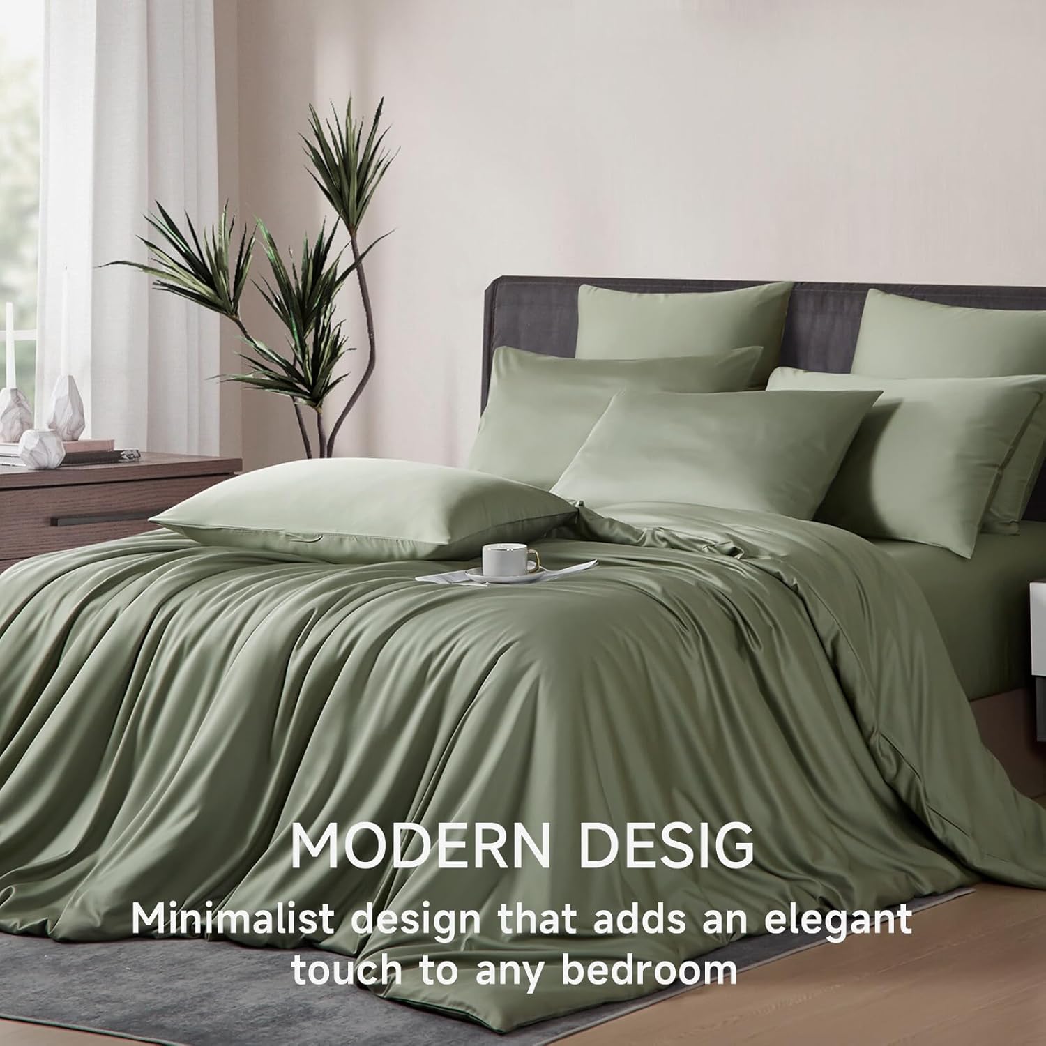 Cooling Duvet Cover Queen Set Sage Green,100% Viscose Derived from Bambo, Summer Soft Breathable Rayon Bedding Set for Hot Sleepers,Luxury Luxurious Silky Smooth Comforter Cover for All Seasons