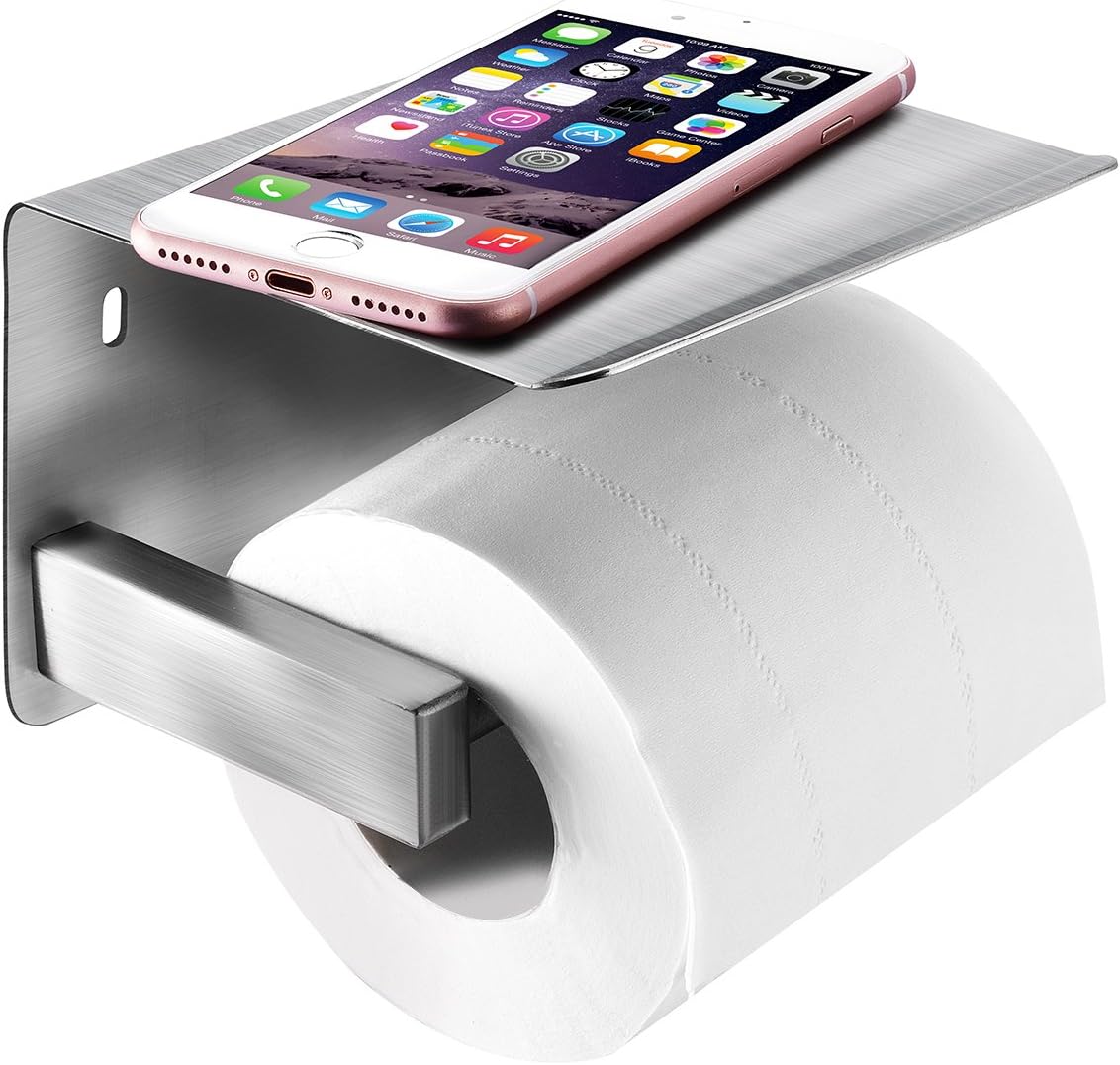Stylish Wall Mounted Toilet Roll Paper Holder in Stainless Steel Anti-Rust Tissue Holder with Mobile Phone Holder Stand Shelf Bathroom Accessory Self Adhesive/Drilling
