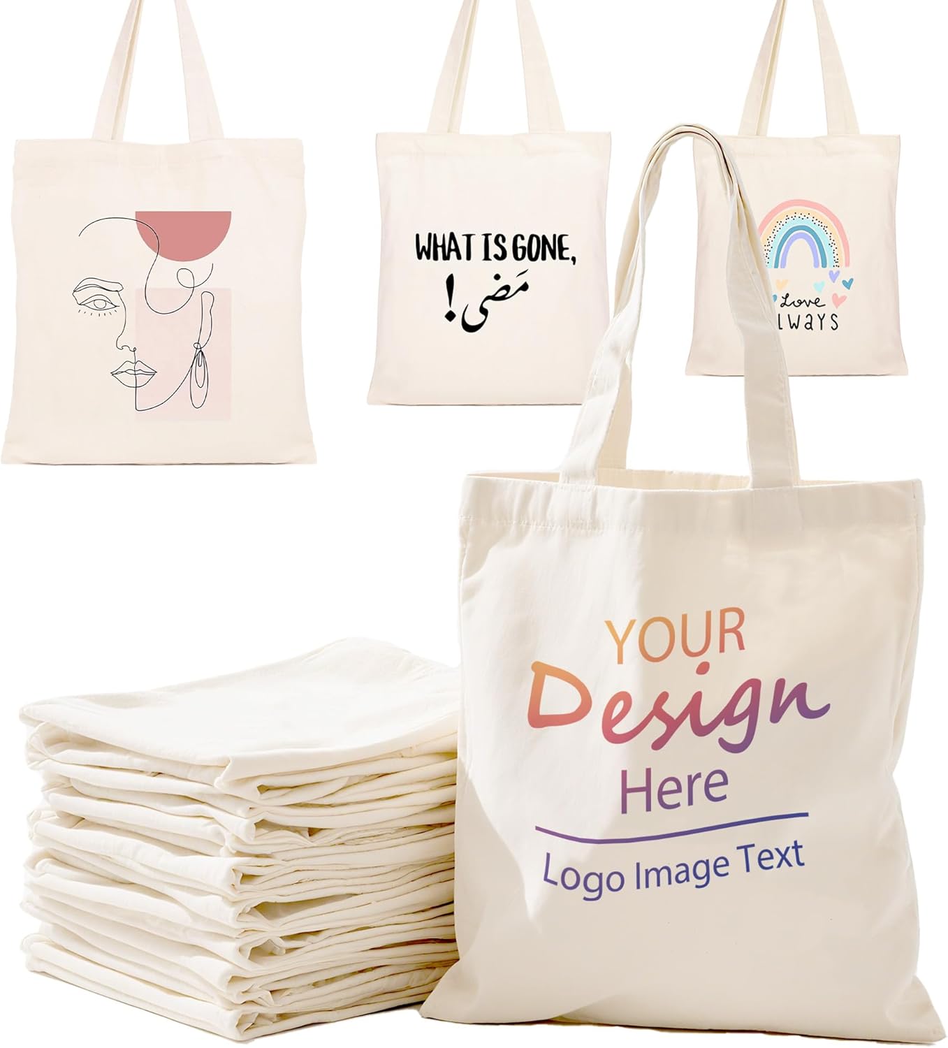 5 Custom Canvas Tote Bags, Personalized Travel Grocery Shoulder Bag, Bulk Printed Logo Shopping Bags for Women Holiday