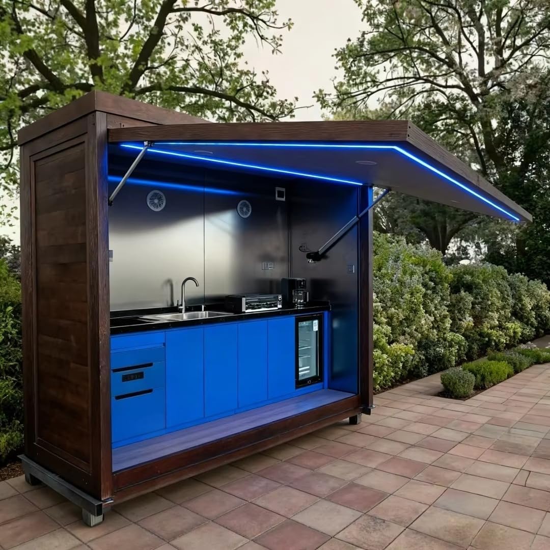 Outdoor Mobile Kitchen Pod Style Set, Stainless Steel Modular Cabinets with BBQ Island for Patio Backyard