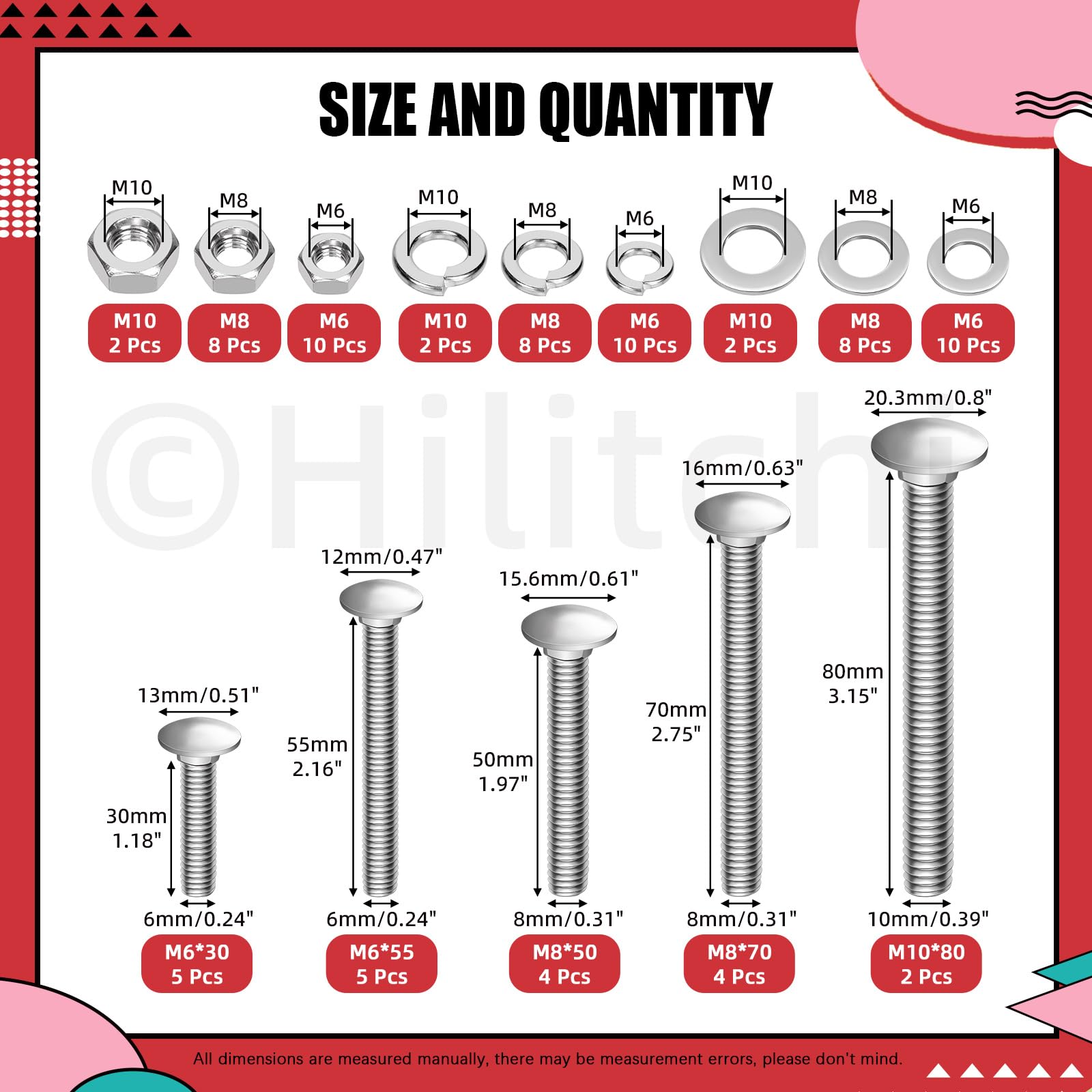 Hilitchi 80PCS 5Sizes M6 M8 M10 Carriage Bolts Screws Square Neck Carriage Bolts Screws with Nuts and Washers Full Thread Carriage Bolt for Machinery Industry(304 Stainless Steel)