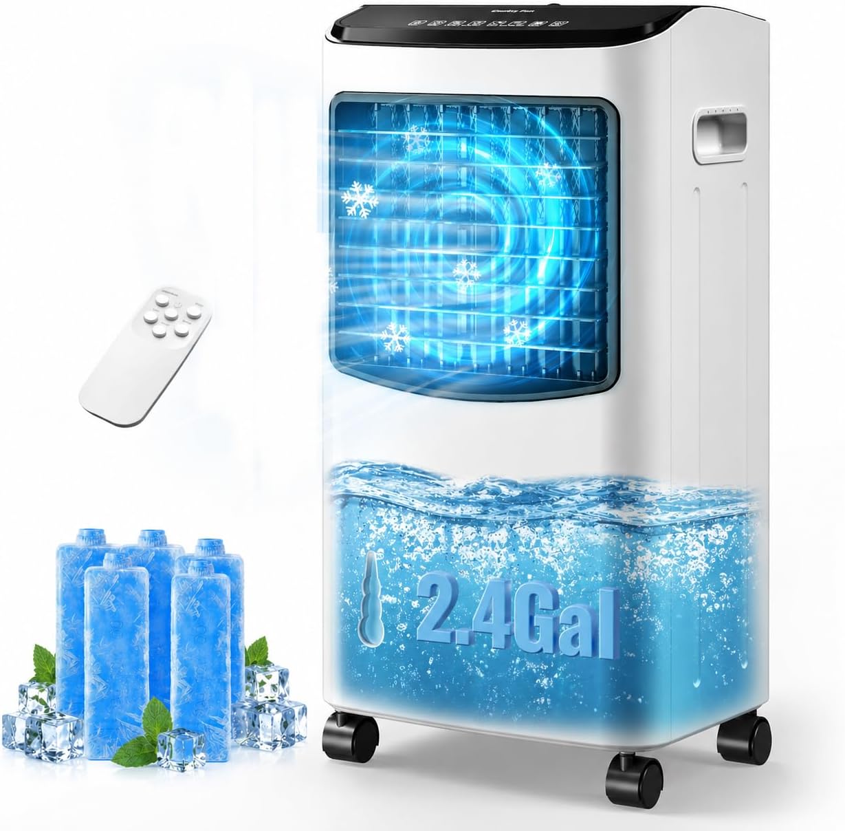 Tehanld Portable Evaporative Air Cooler, 2.1 Gal Swamp Cooler with 4 Ice Packs, 1620 CFM Windowless Room Cooling Fan with 120° Oscillation, 3 Speeds, 16H Timer & Remote for Home, Bedroom, Office