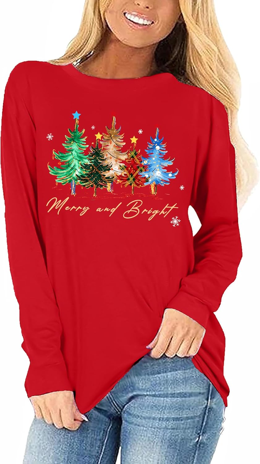 VVNTY Christmas Shirts for Women: Merry and Bright T Shirt Long Sleeve Christmas Tree Shirt Christmas Vacation Tees - Image 4