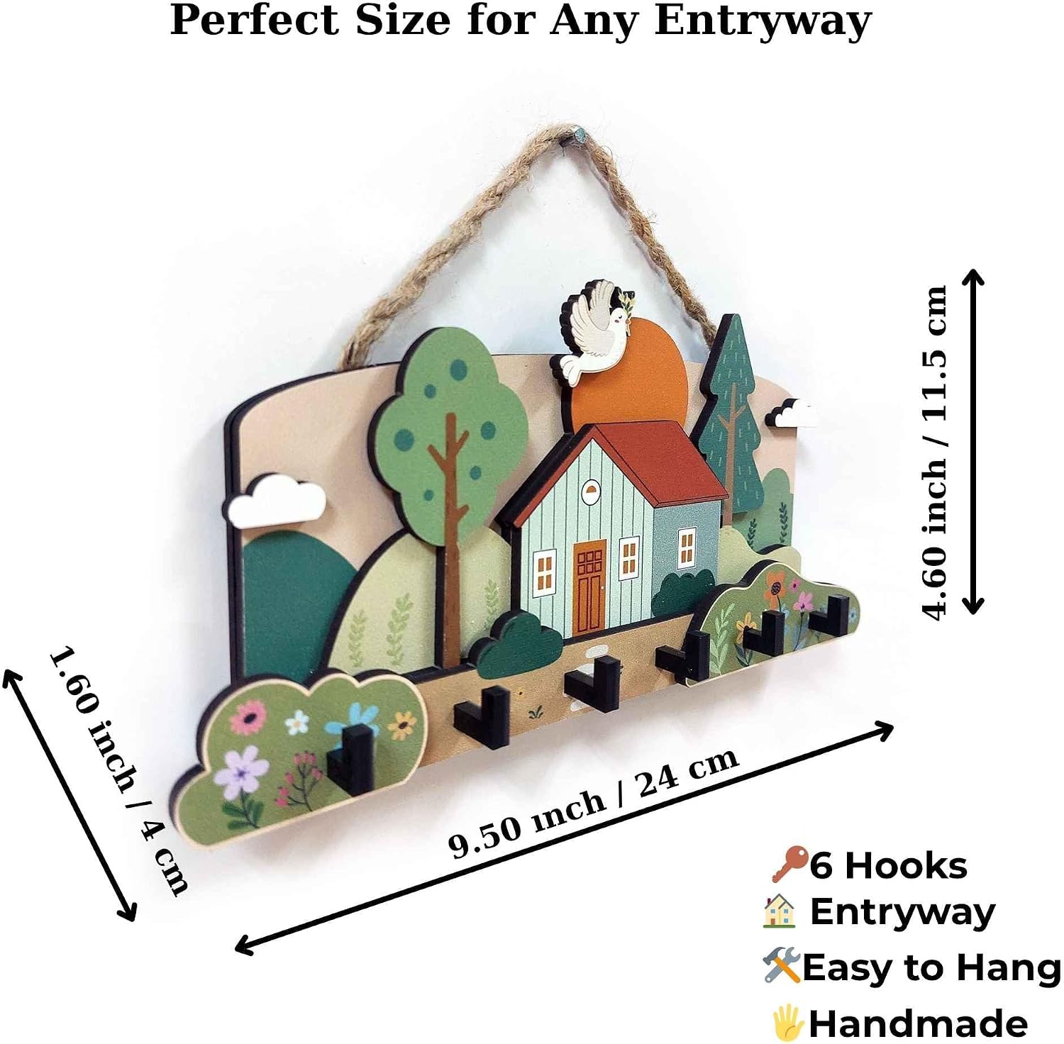 Oak & Hearth Handmade Wooden Cottage Key Holder for Wall with 6 Hooks