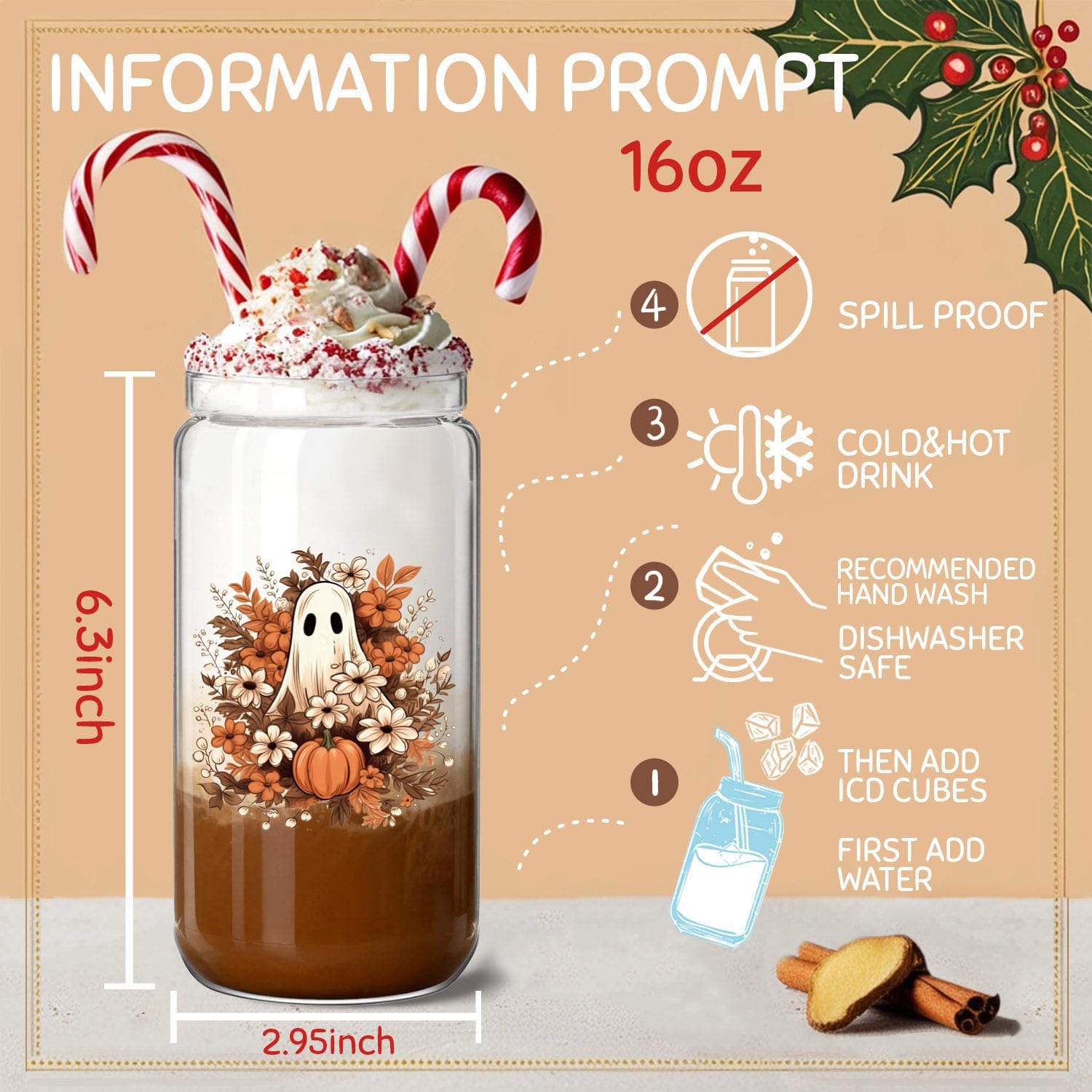 Fall Pumpkin Ghost 16oz Glass Cup with Straw & Lid Gift for Women Teacher