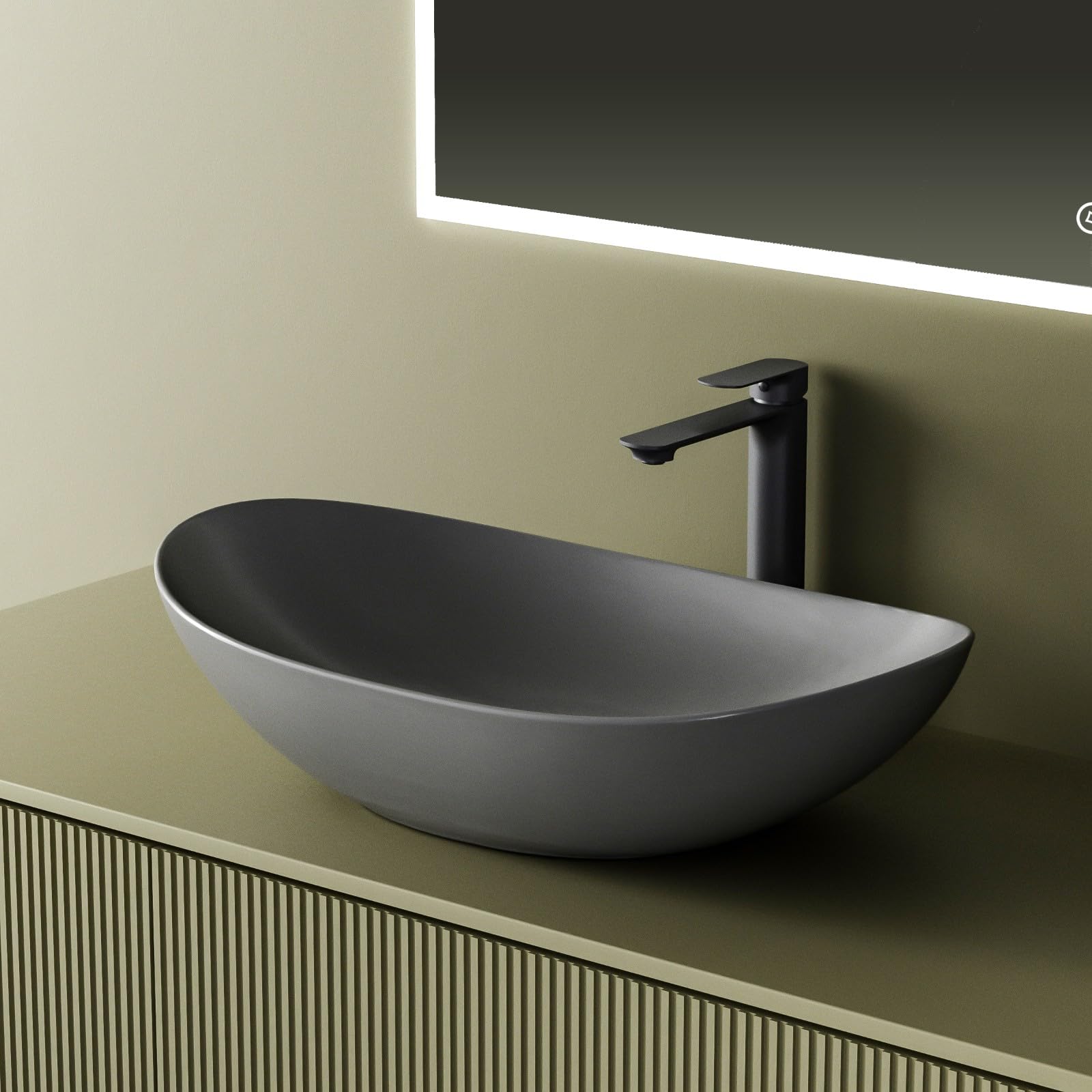 EMKE Aufsatzwaschbecken Design Waschbecken 61,5 x 36 x 15,5 cm Waschtisch Grau Matt, Handwaschbecken Oval, Waschbecken Bad für Badezimmer und Gäste-WC