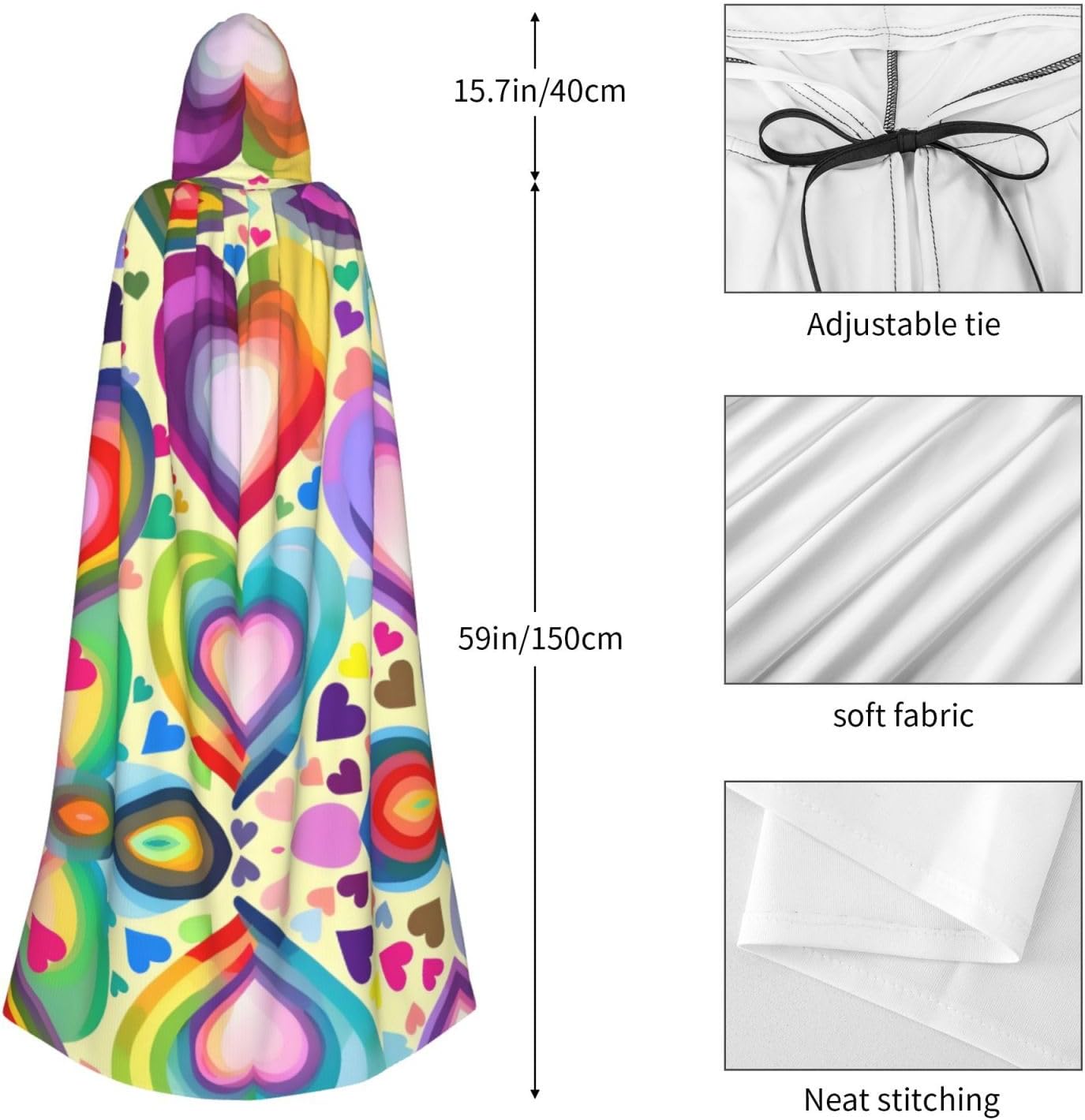 Hearts In Rainbow Colors Print Men Hooded Cloak,Wizard Hooded Robe,Witch Cape Cosplay Costume Halloween Party Capes