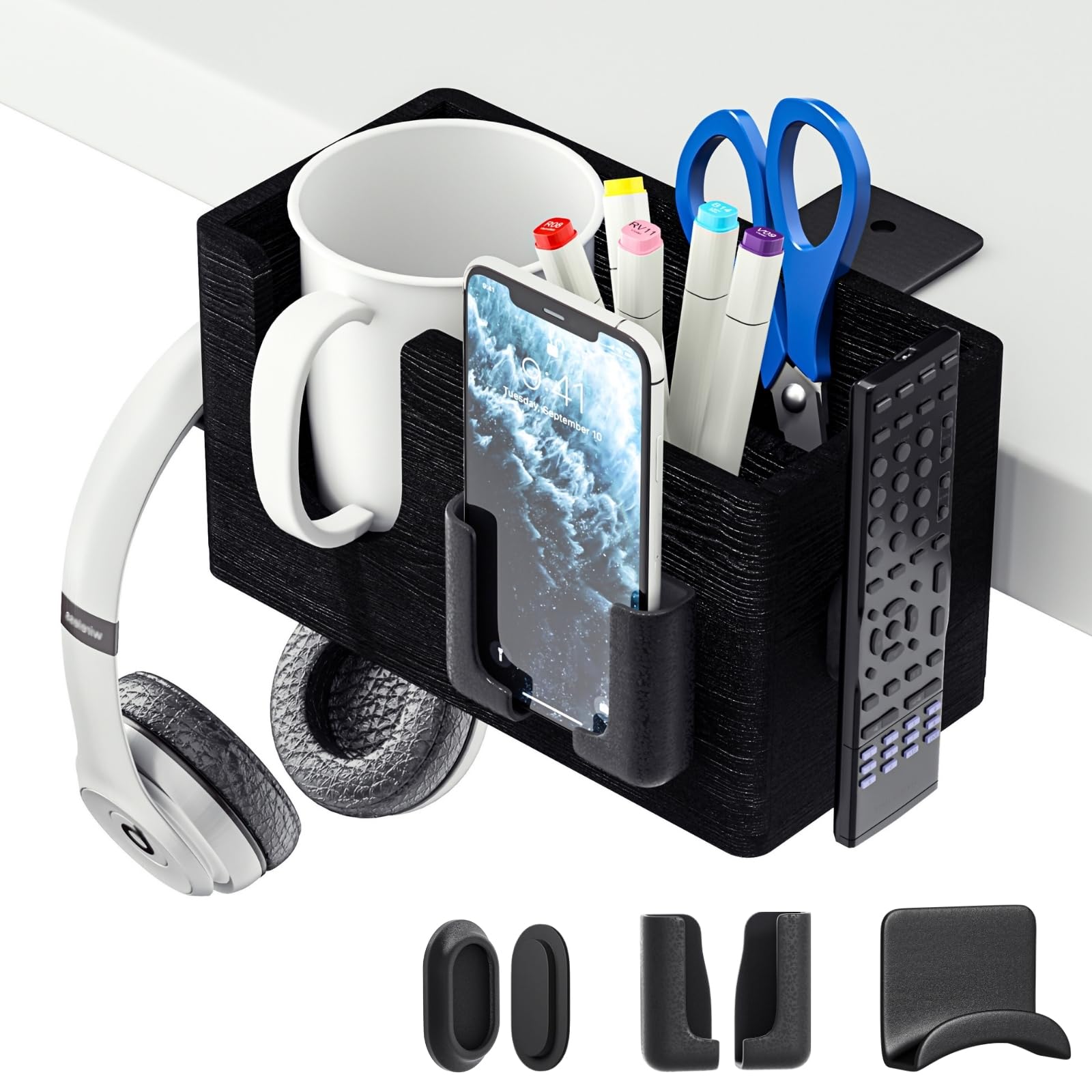Ofiray-home 5-in-1 Wooden Desk Organizer with Cup Holder, Headphone Stand, Phone Holder, Remote Control Holder– Clamp-On Desktop Caddy for Office Desk