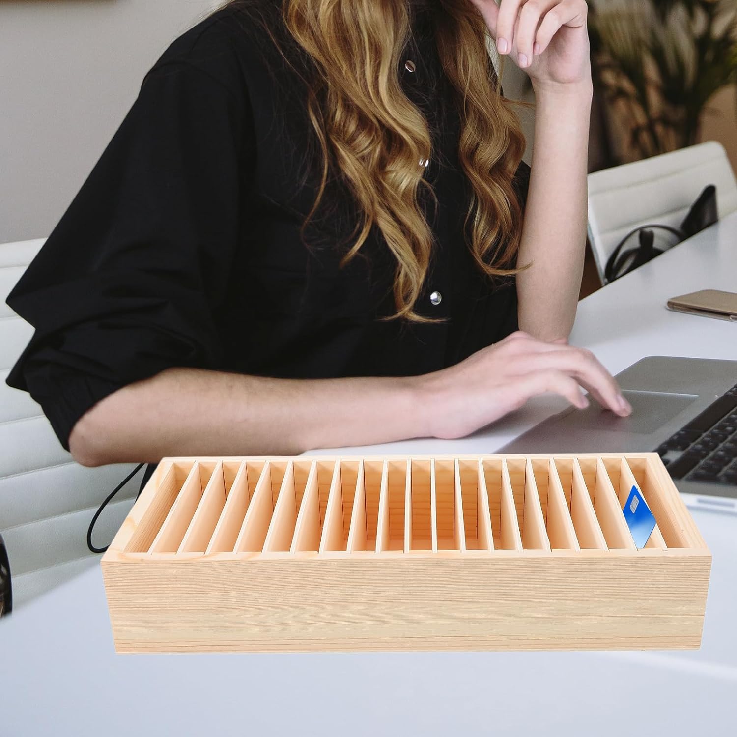 VILLCASE Wooden Name Badge Holder, ID Badge Tray Organizer Name Tag Holders, Wood Card Storage Case Business Card Display Tray for Office School Business