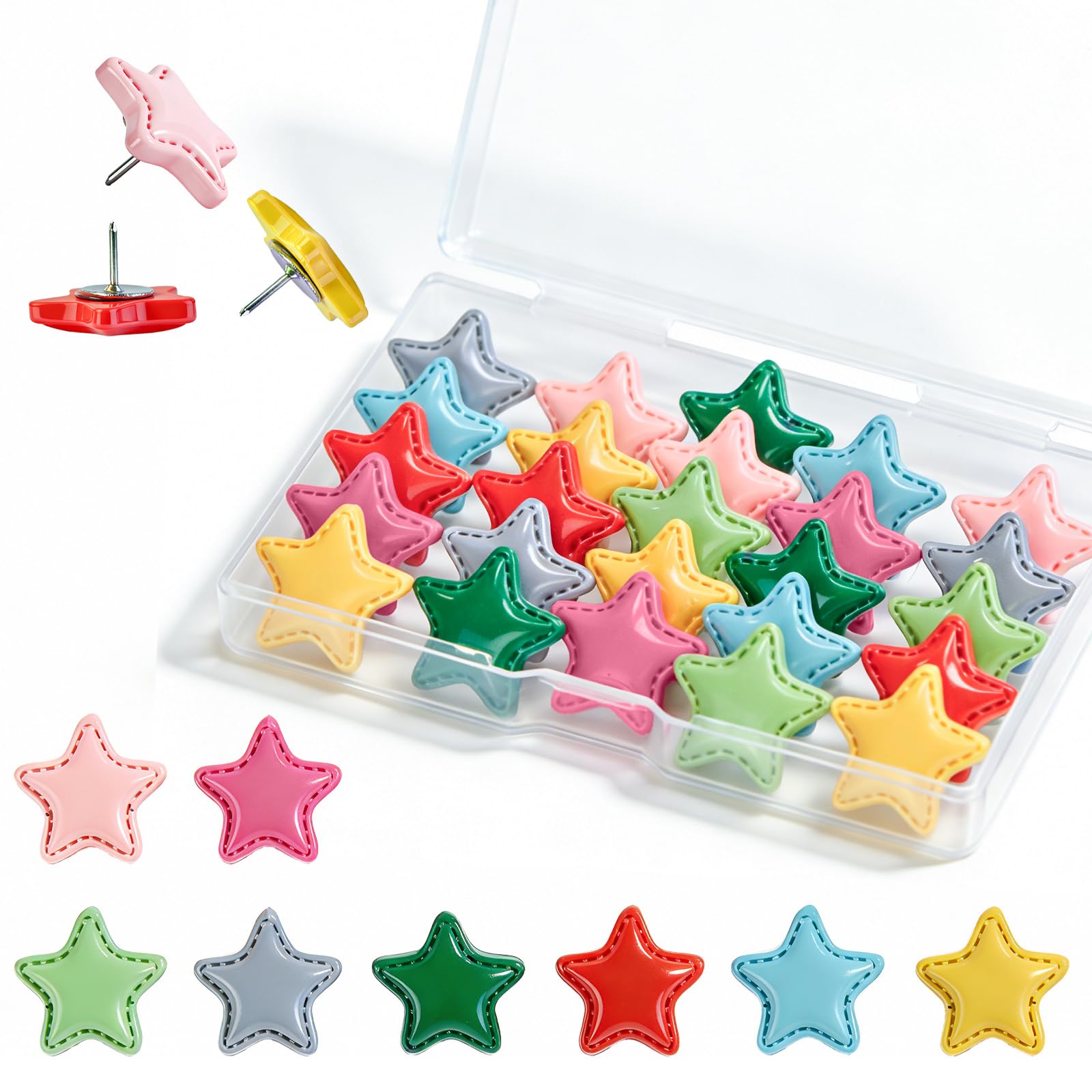 25 chinchetas decorativas para pared, bonitos pines decorativos para tablón de anuncios y tablero de corcho, chinchetas de resina para oficina, hogar, escuela, 8 colores (estrella colorida)