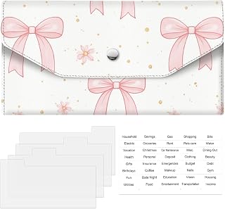 Cash Envelope Wallet for Budgeting, PU Leather Money Organizer for Cash Saving, Reusable Envelopes with 4 Dividers & Sticker Labels, Portable Cute Money Holder Pink Bow
