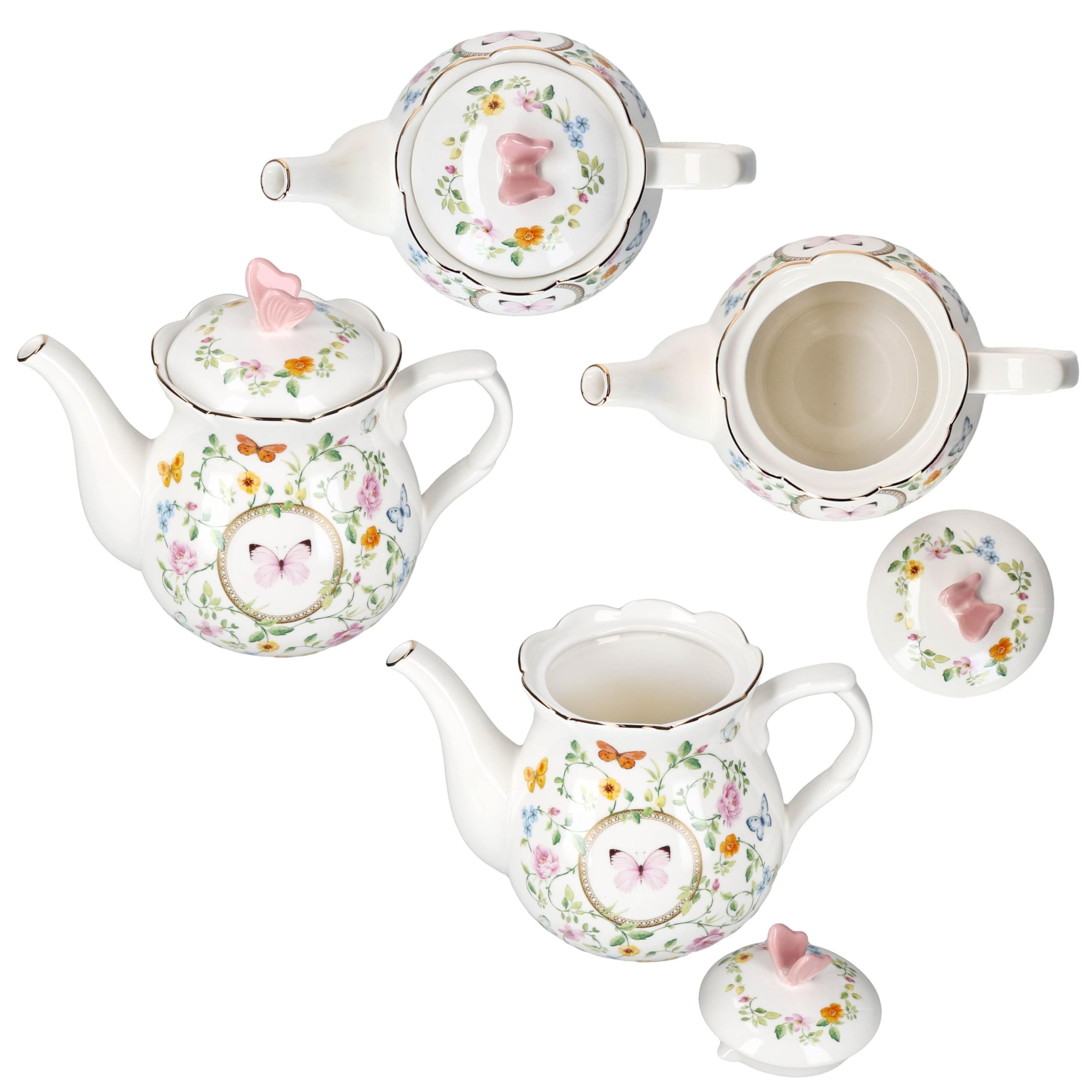 MamboCat Dancing Butterflies dzbanek do herbaty z pokrywką z porcelany, 900 ml, kwiatowy dzbanek z motylami I pokrywka z motylami 3D, złote krawędzie, prezent do herbaty, kawy
