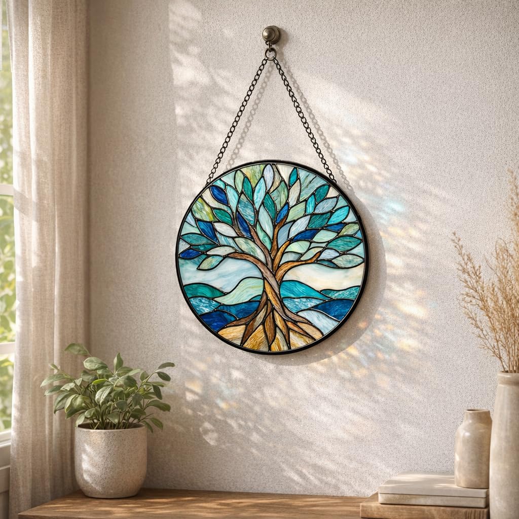 Atrapasueños colgante de ventana con diseño de árbol de la vida, atrapasueños costeros azul océano con olas rodantes, regalo de decoración del hogar de cristal para mujeres, madre jardineras