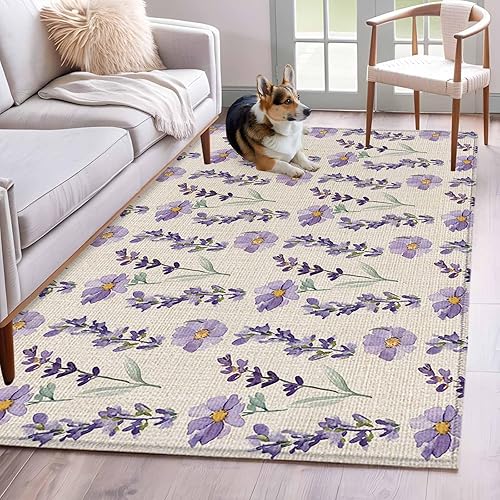 Miniatura 12 de Round Rugs 8ft, Lavender Floral Non-Slip Area Rugs for Living Room Bedroom Entryway, Summer Pastoral Watercolor Retro Flowers Washable Carpet Runner