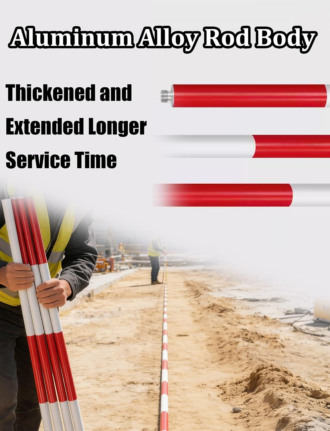 6.56ft Aluminum Survey Pole - Centering & Measuring Rod for Land Surveying, Engineering Layout, Construction Mapping, Survey Range Pole with Color Stripes for Precision Measurements