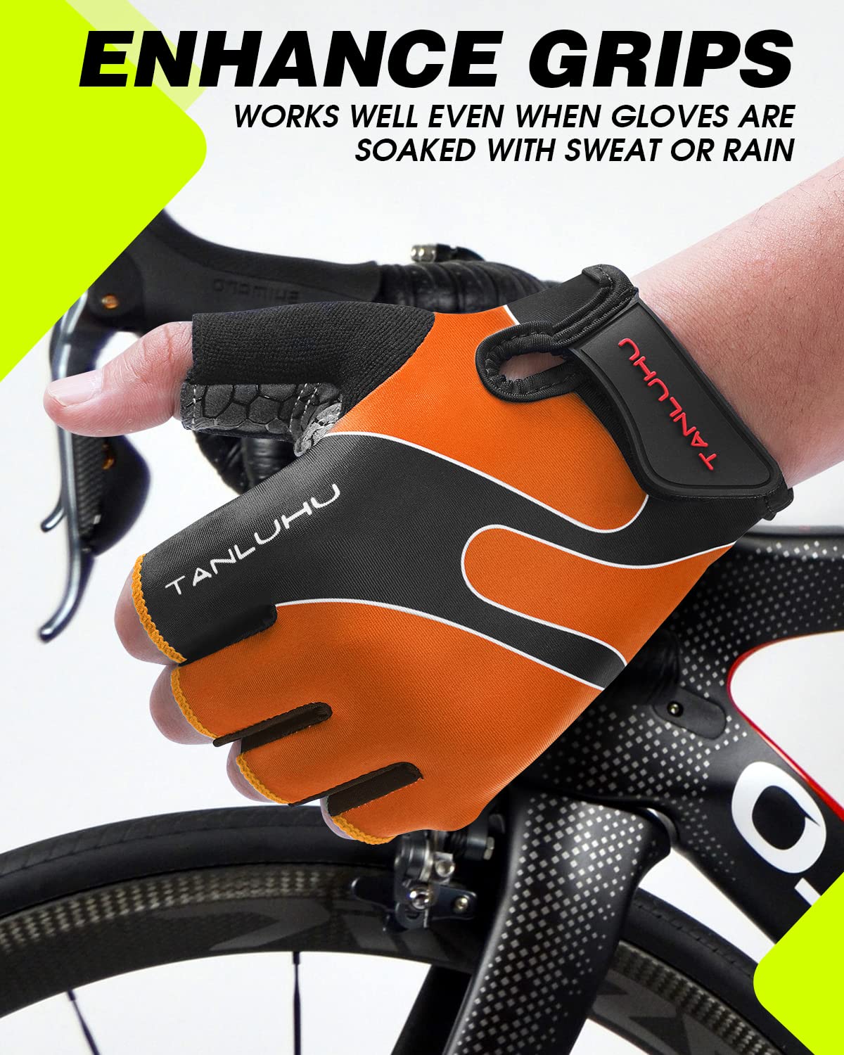Tanluhu Fahrradhandschuhe, Mountainbike-Handschuhe, Halbfinger, Rennen, Reithandschuhe, atmungsaktiv, stoßdämpfend, für Damen und Herren (Orange, L)